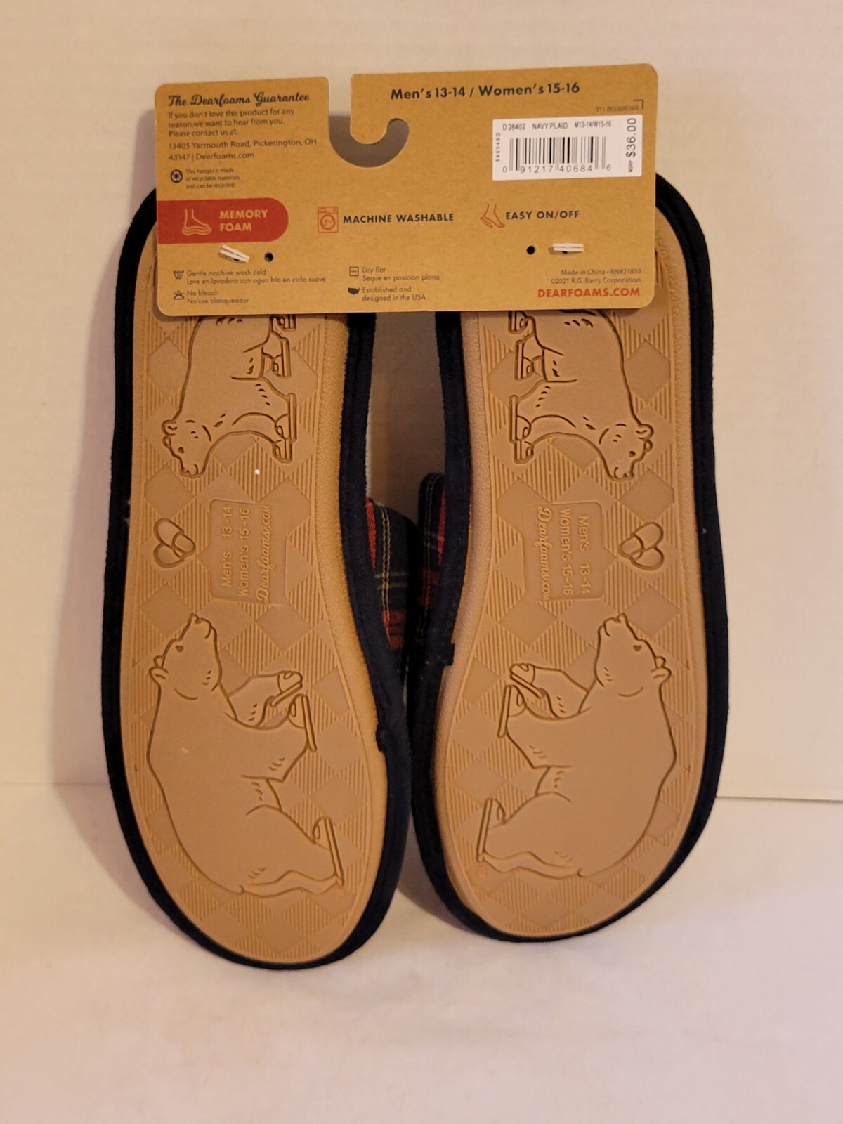 Dearfoams Unisex-Adult Grand Bear Plaid Clog Slipper W 15-16 M 13-14 NWT