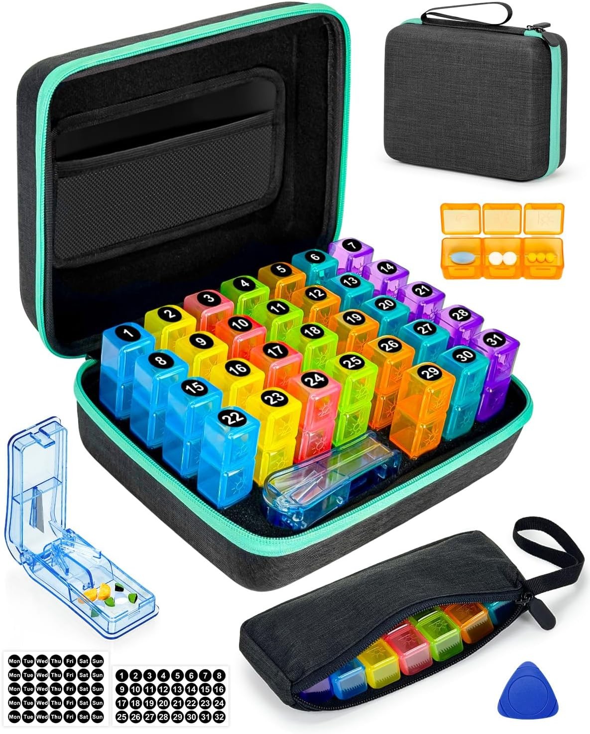 Monthly Pill Organizer 3 Times a Day, with Portable Hard Shell, Pill Cutter, 31-