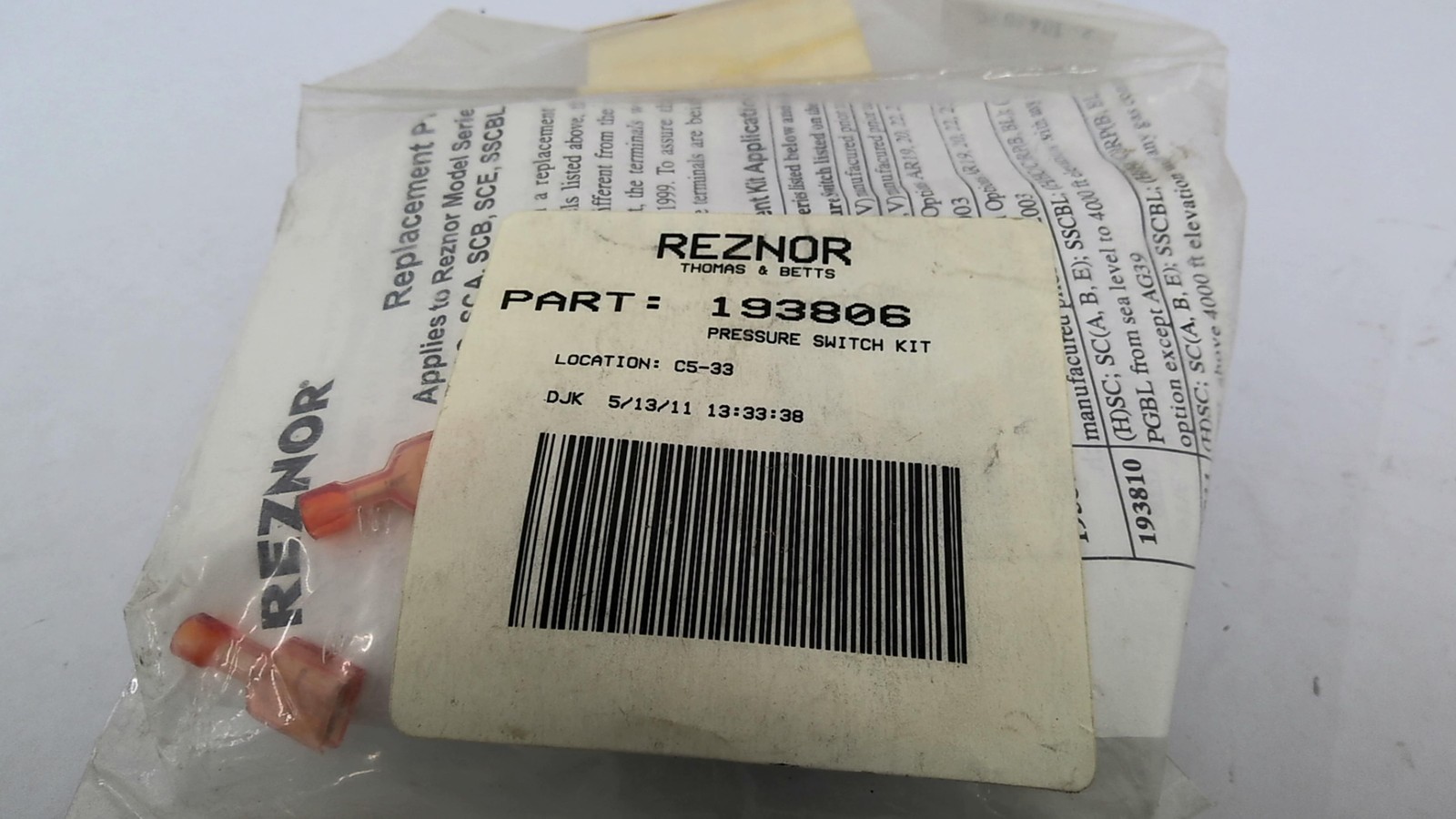 Reznor 193806 Pressure Switch Kit