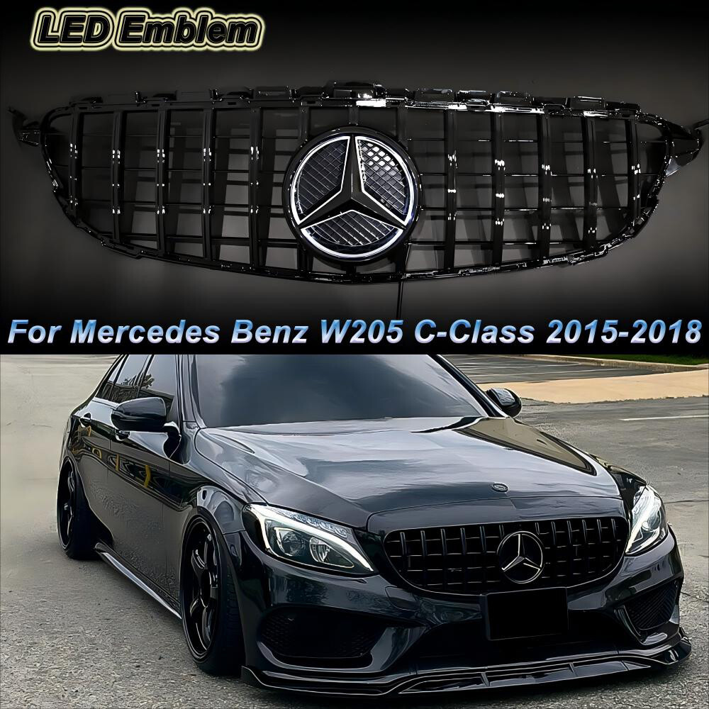Gloss Black Front Grille W/LED Emblem For Mercedes Benz W205 2015-2018 C-Class