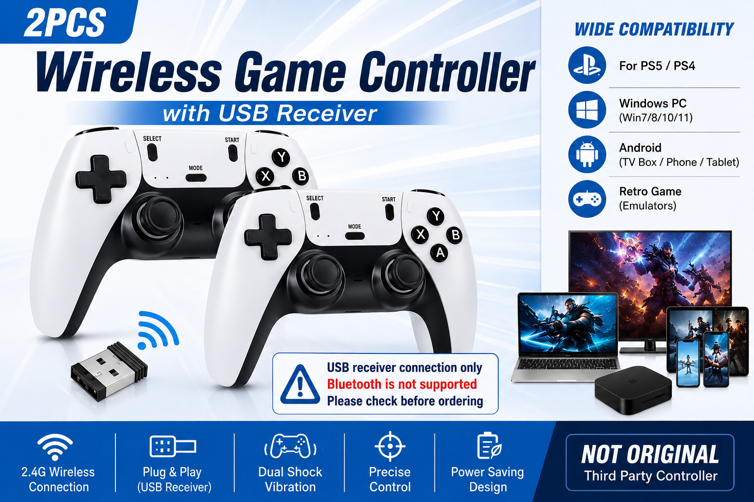 2PCS Universal Wireless Game Controllers USB Receiver for PC Android TV Box