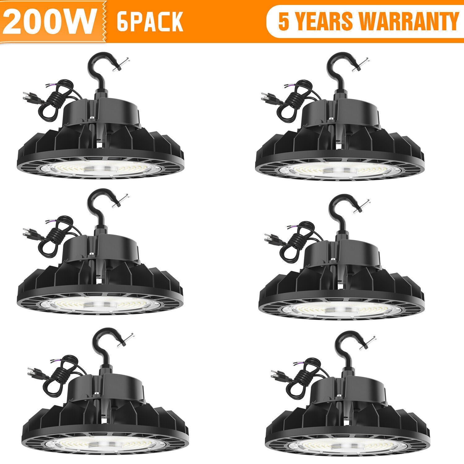 6 Pack 200W UFO Led High Bay Light Industrial Commercial Garage Warehouse Lamps