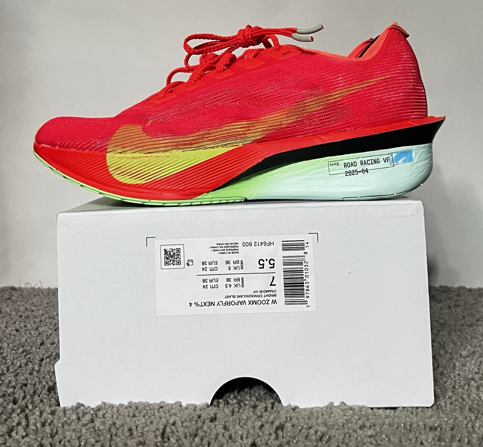 Size 7W- Nike ZoomX Vaporfly Next% 4 Bright Crimson Lime Sneakers NBY HF6412-600