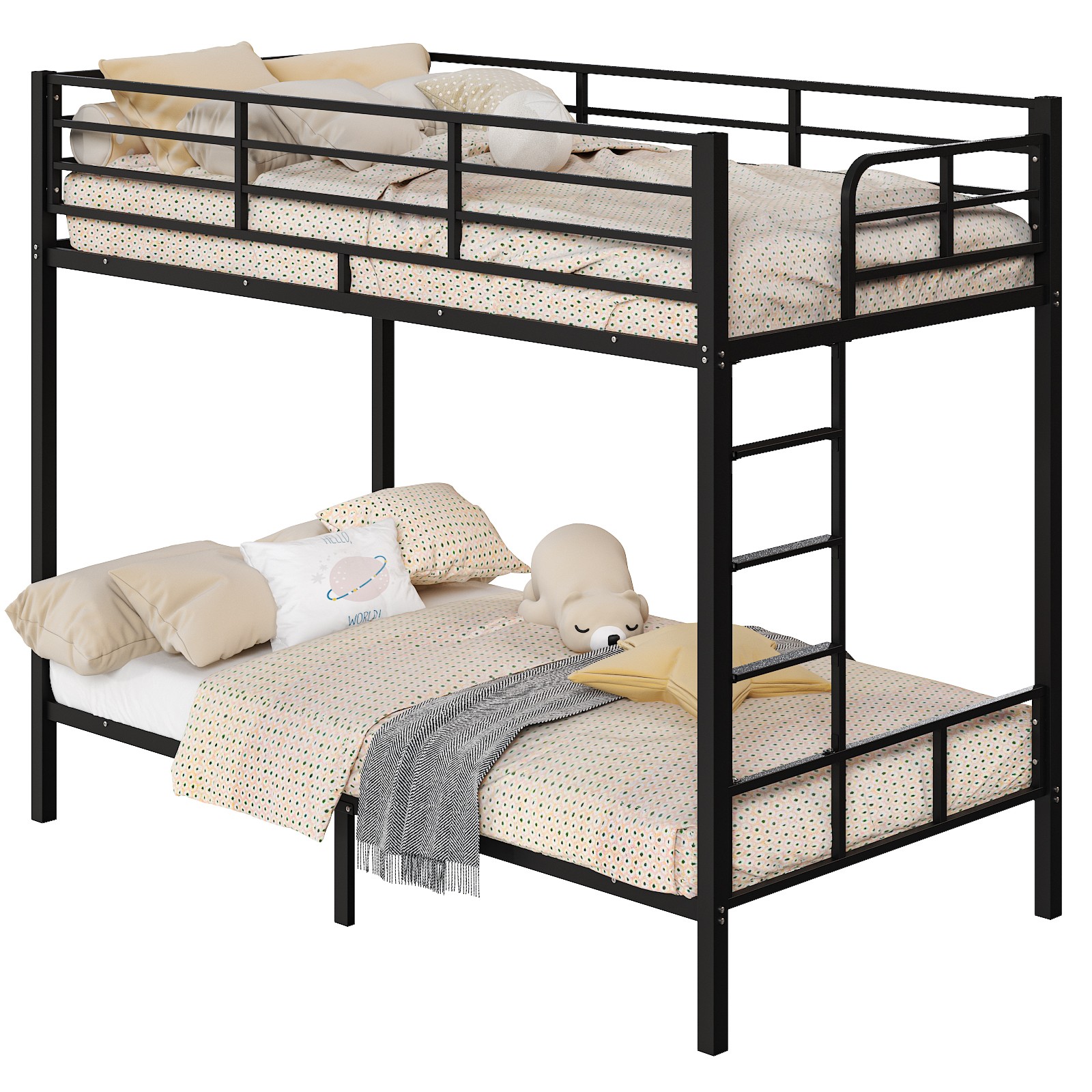 NEW Twin Bunk Bed Square Tube High Guardrail Side Ladder Opening Iron Bed Black