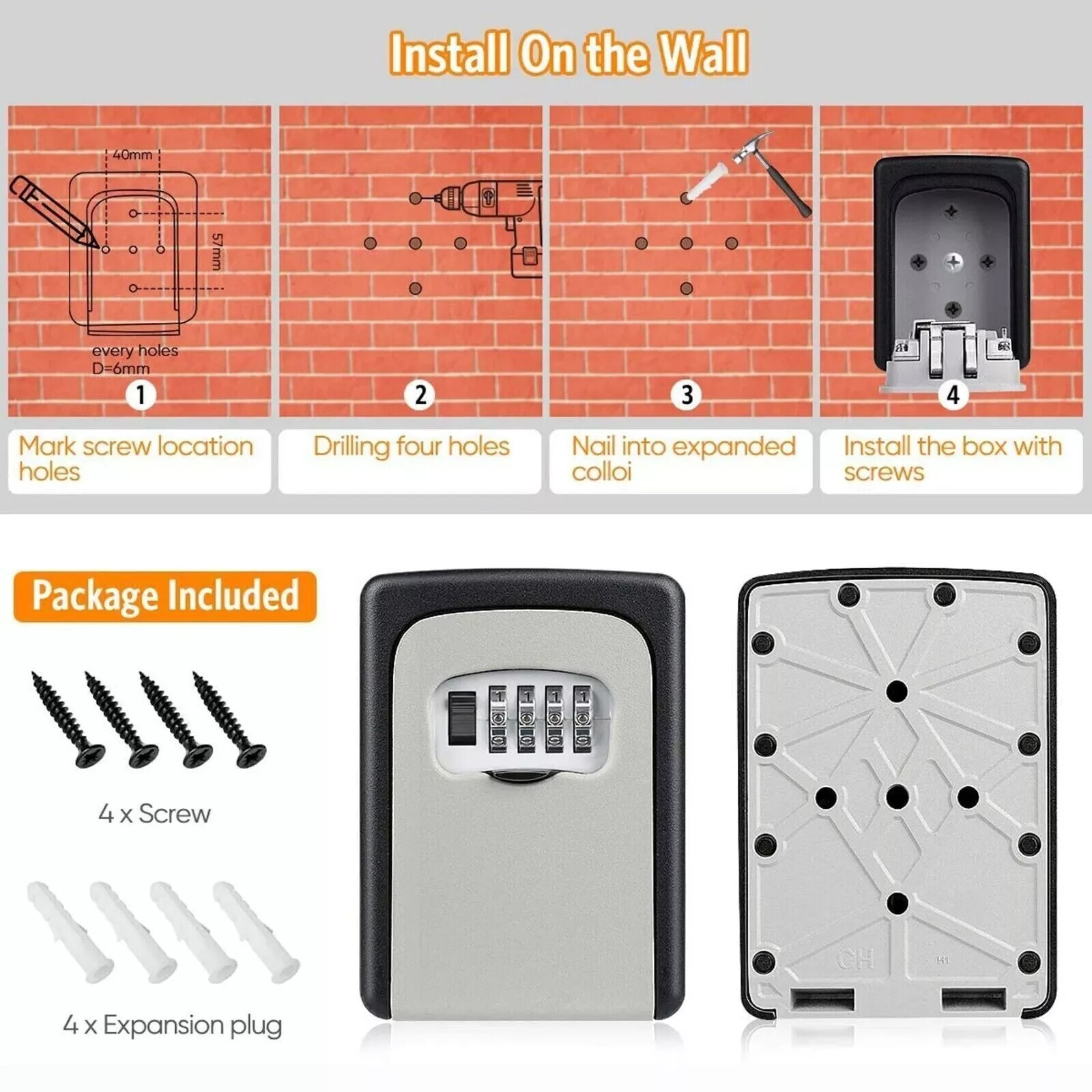 Key Safe 4-Digit Combination Lock Box Wall Mount Storage Safe Security Outdoor