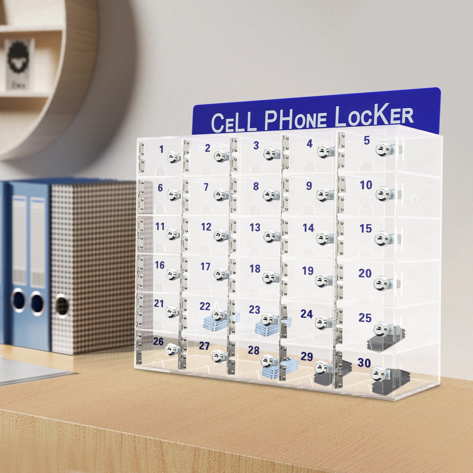 30 Slots Cell Phone Locker Box Transparent Acrylic Storage Organizer Box W/Locks