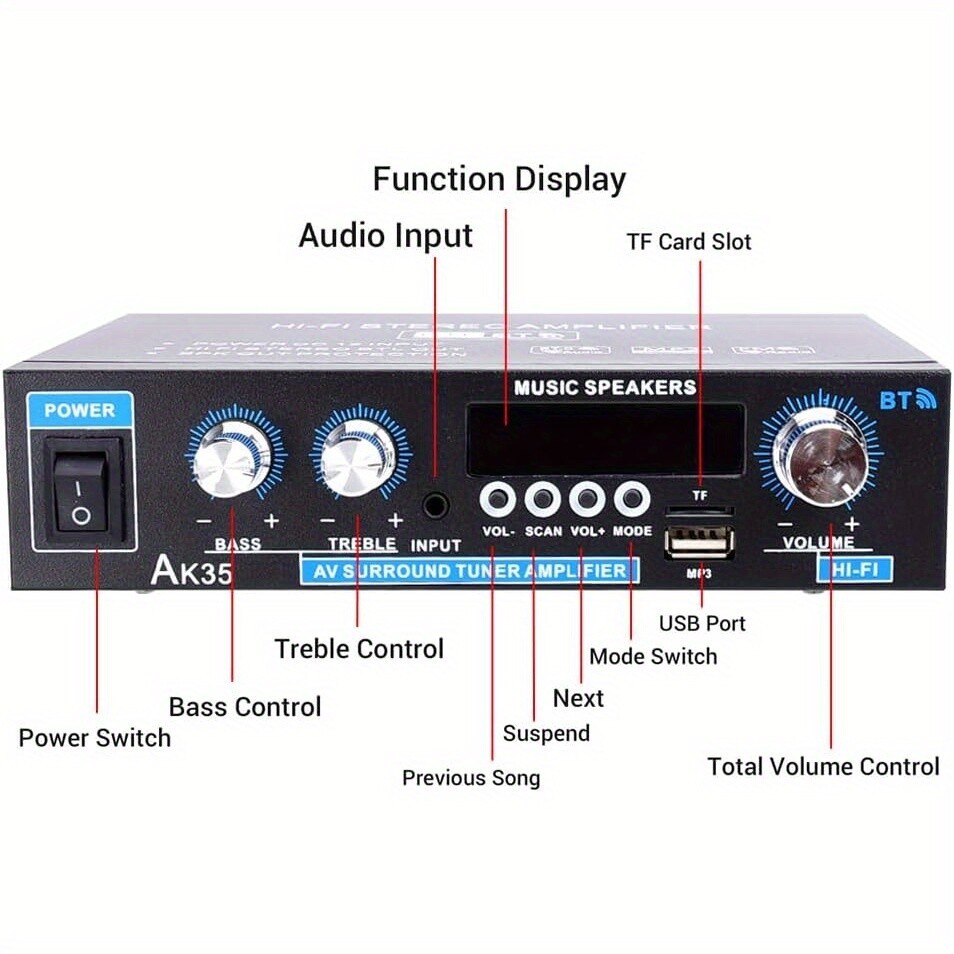 AK35 Stereo Amplifier Home Audio Bluetooth 2.0 Max 200W Power Stereo Receiver US