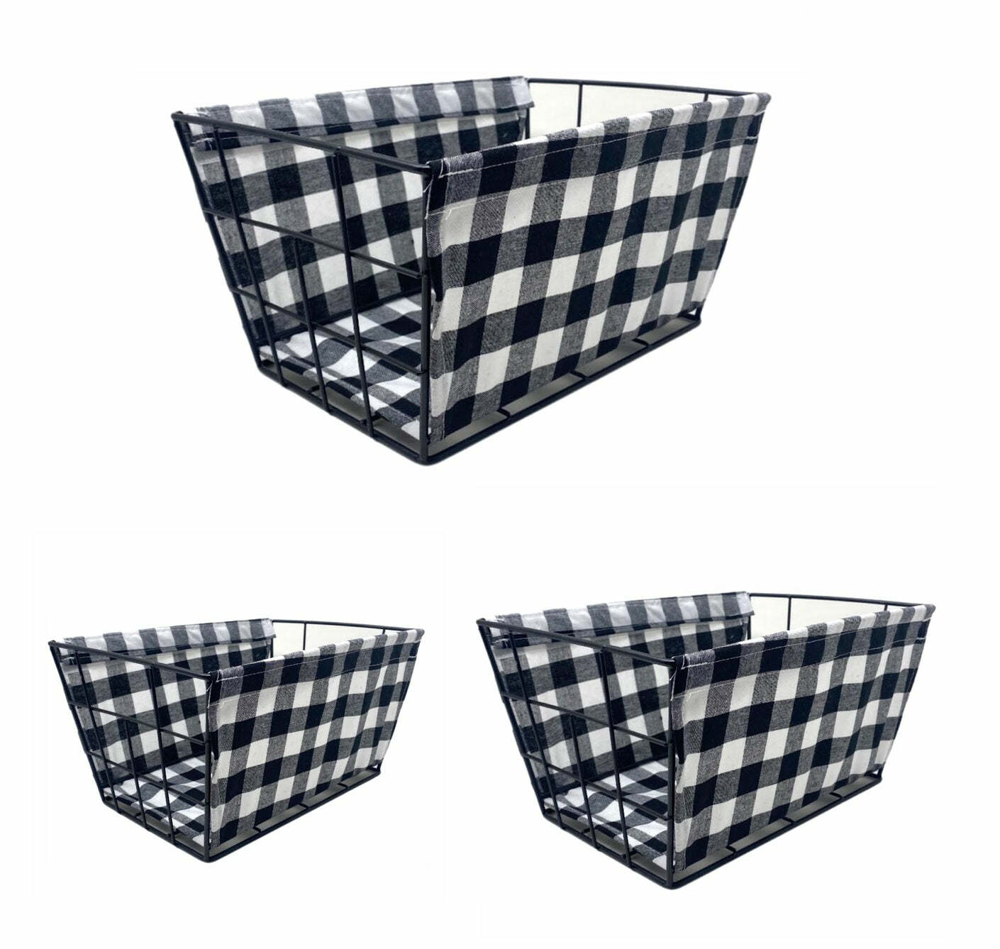 Set of 3 Farmhouse Storage Baskets with Basket Liner Set (Plaid)