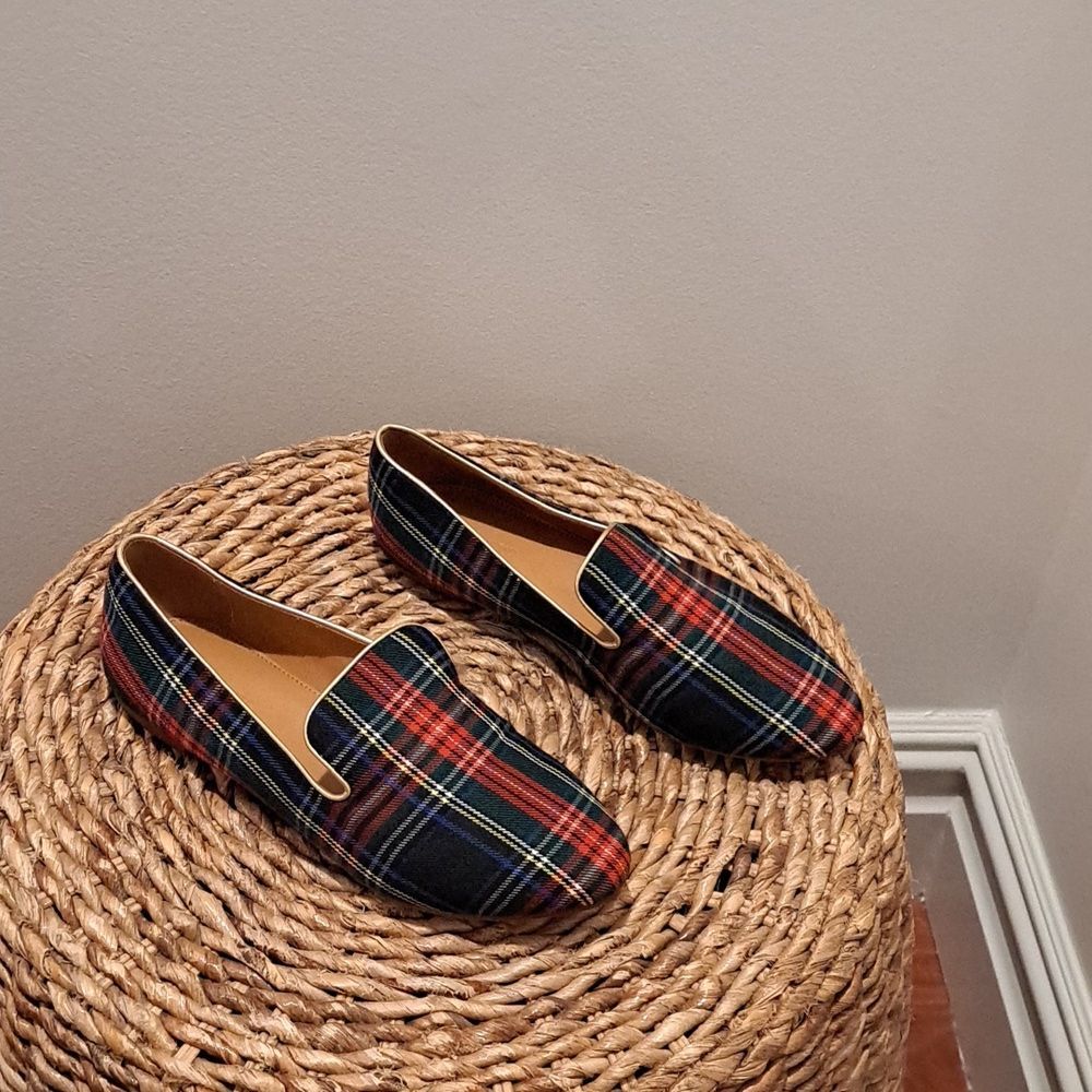 J.Crew Factory Womens Holiday Tartan Plaid Print Smoking Loafers Gold Trim S-7