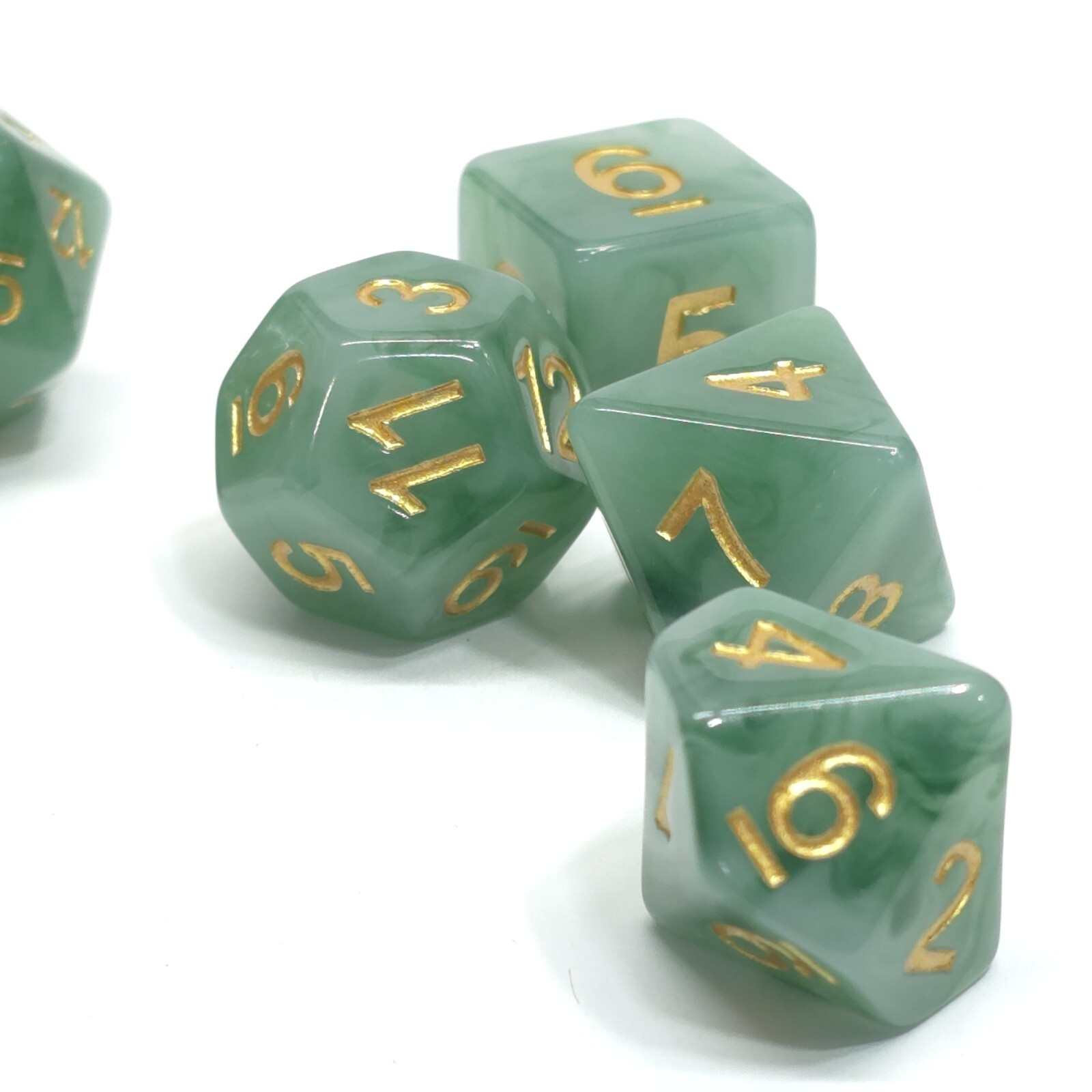 New 7 Piece Polyhedral Green Jade Dice Set With Dice Bag D&D RPG
