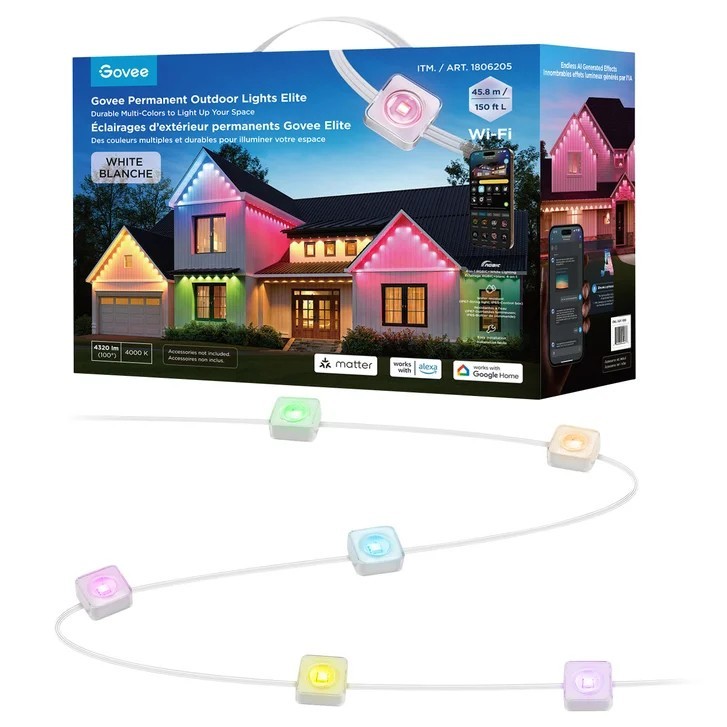 Govee 150ft Permanent Outdoor Lights Elite, White Smart Festive RGBIC Lighting