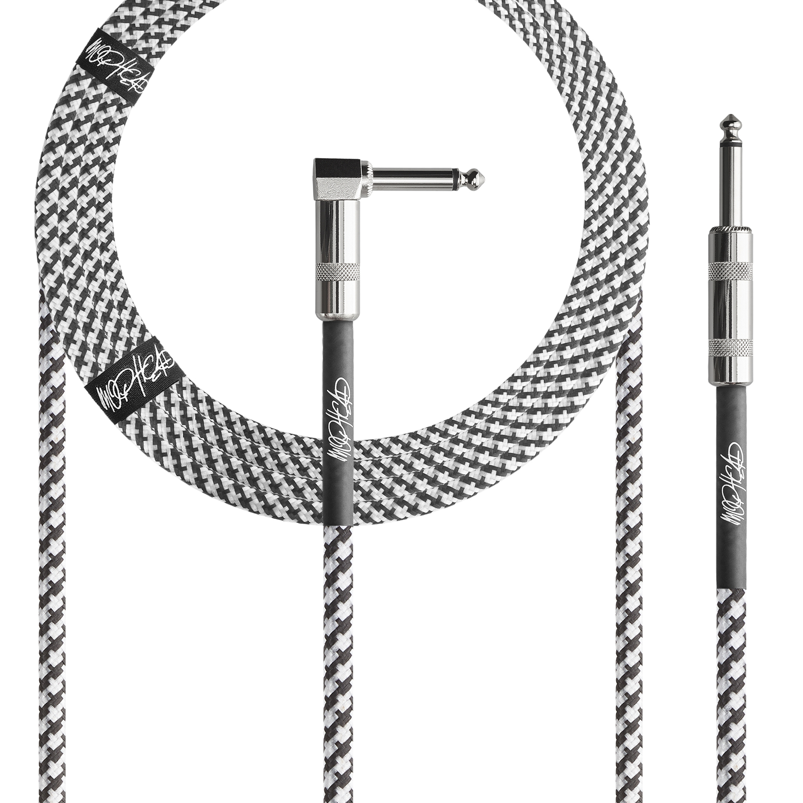 Mophead 15' Braided 1/4" TS to 1/4" TS Guitar Cable Right Angle Black White