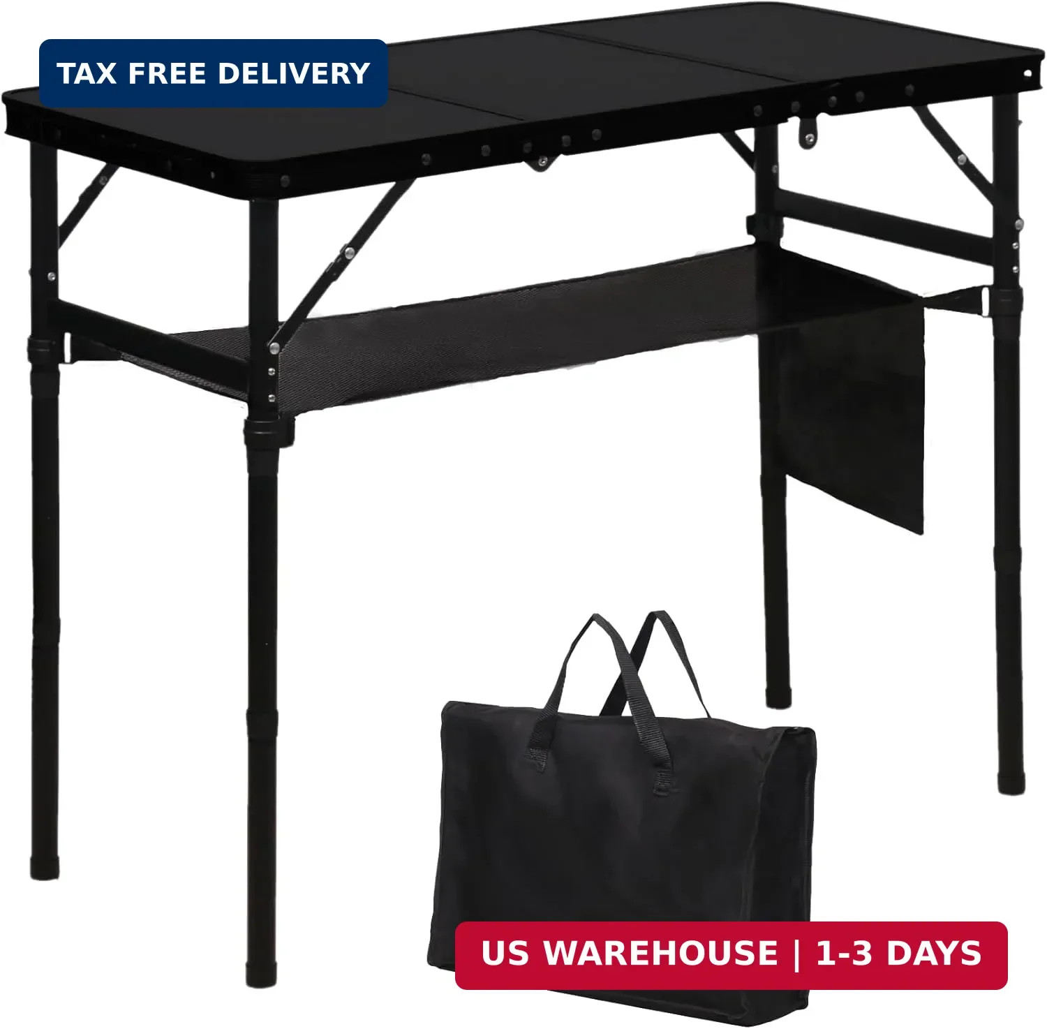 Folding Camping Table with 3 Adjustable Height, 3ft Foldable Aluminum Cam