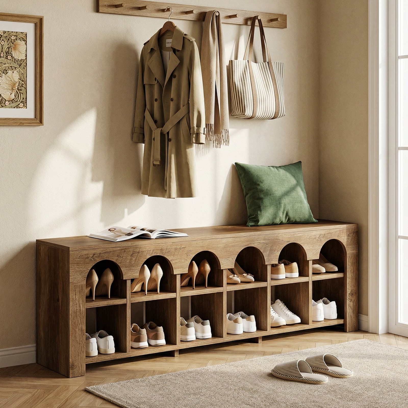 63" Wooden Entryway Bench with Arched Cubbies, 2-Tier Narrow Shoe Storage Bench