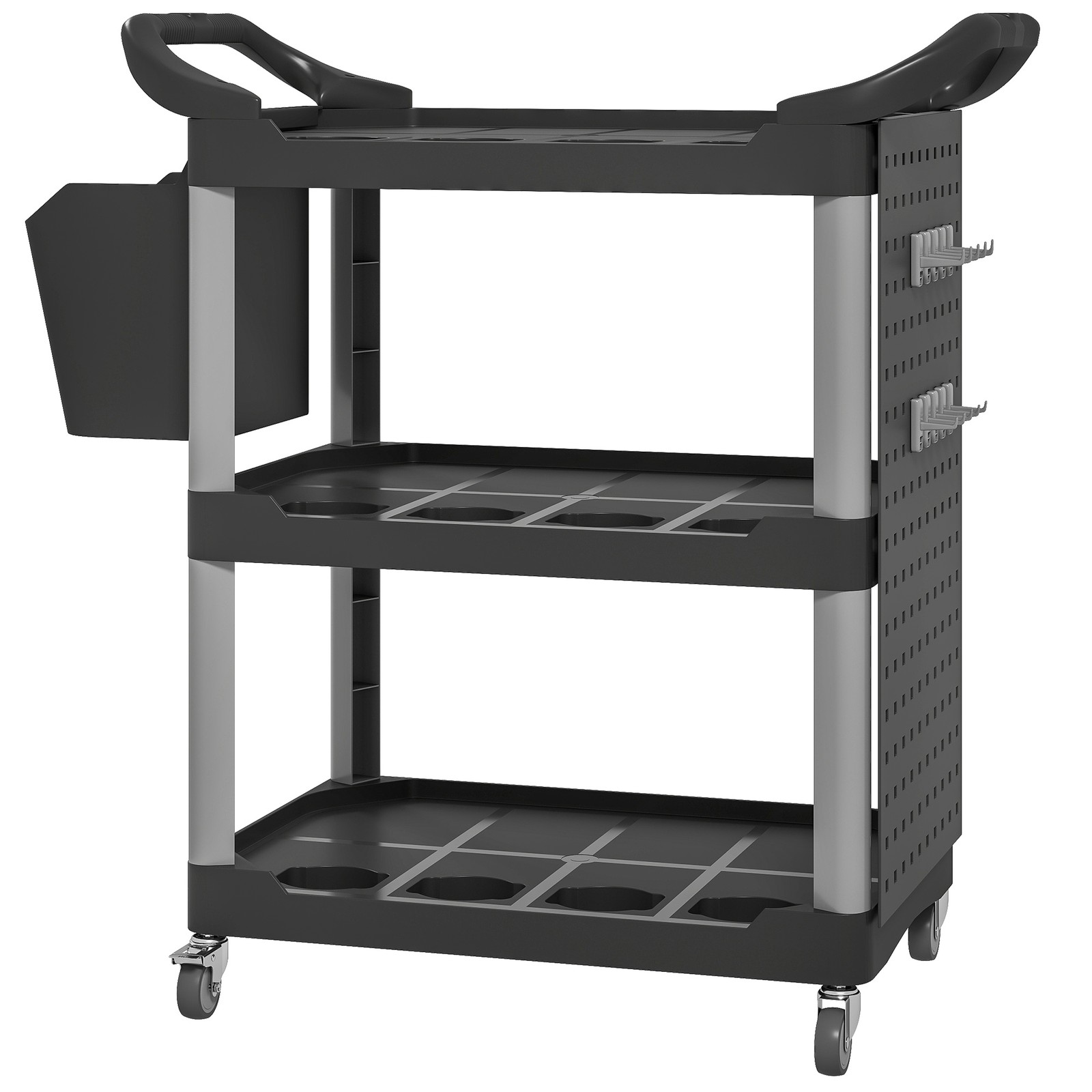 Black HOMCOM 3 Tier Rolling Tool Cart, Utility Cart with Side Shelf and Hook