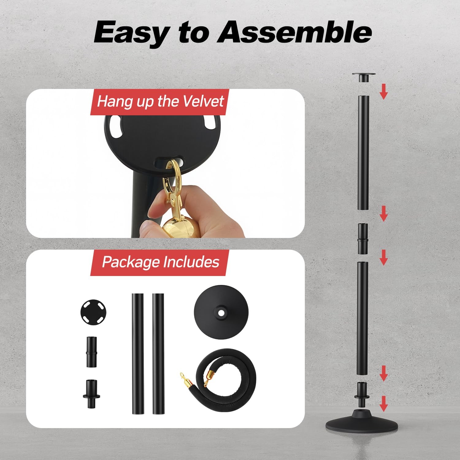 2 PCS Plastic Stanchion Posts Black Velvet Ropes Weighted Base Crowd Control