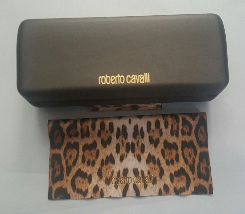 ROBERTO CAVALLI BROWN CLAMSHELL HARD SUNGLASS CASE WITH CLEANING CLOTH