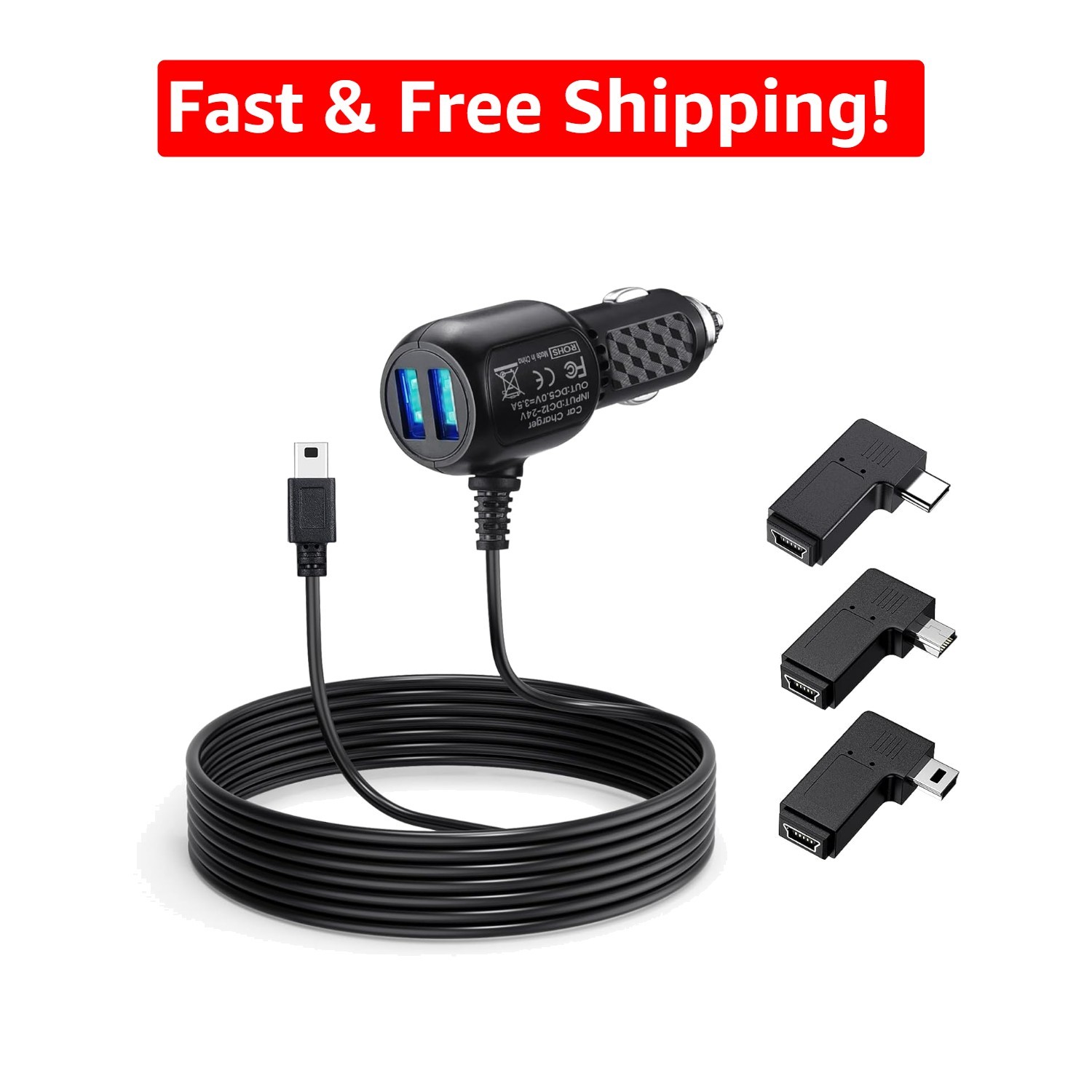Dual USB Ports Dash Cam Power Cord - 11 ft Mini USB & Type C with LED Indicator