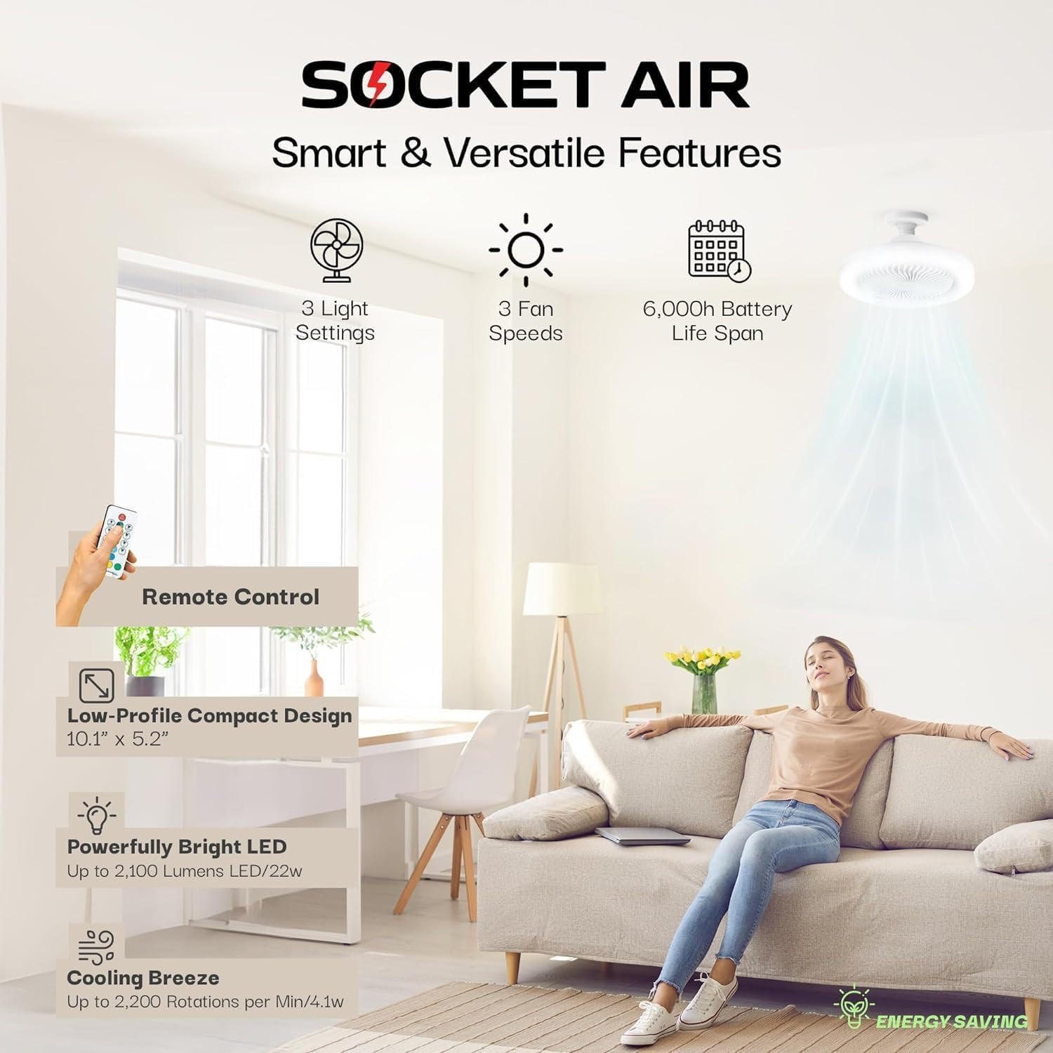 Socketair Wireless Ceiling Fan Light with Remote Control, Extender,110-120 Volt,