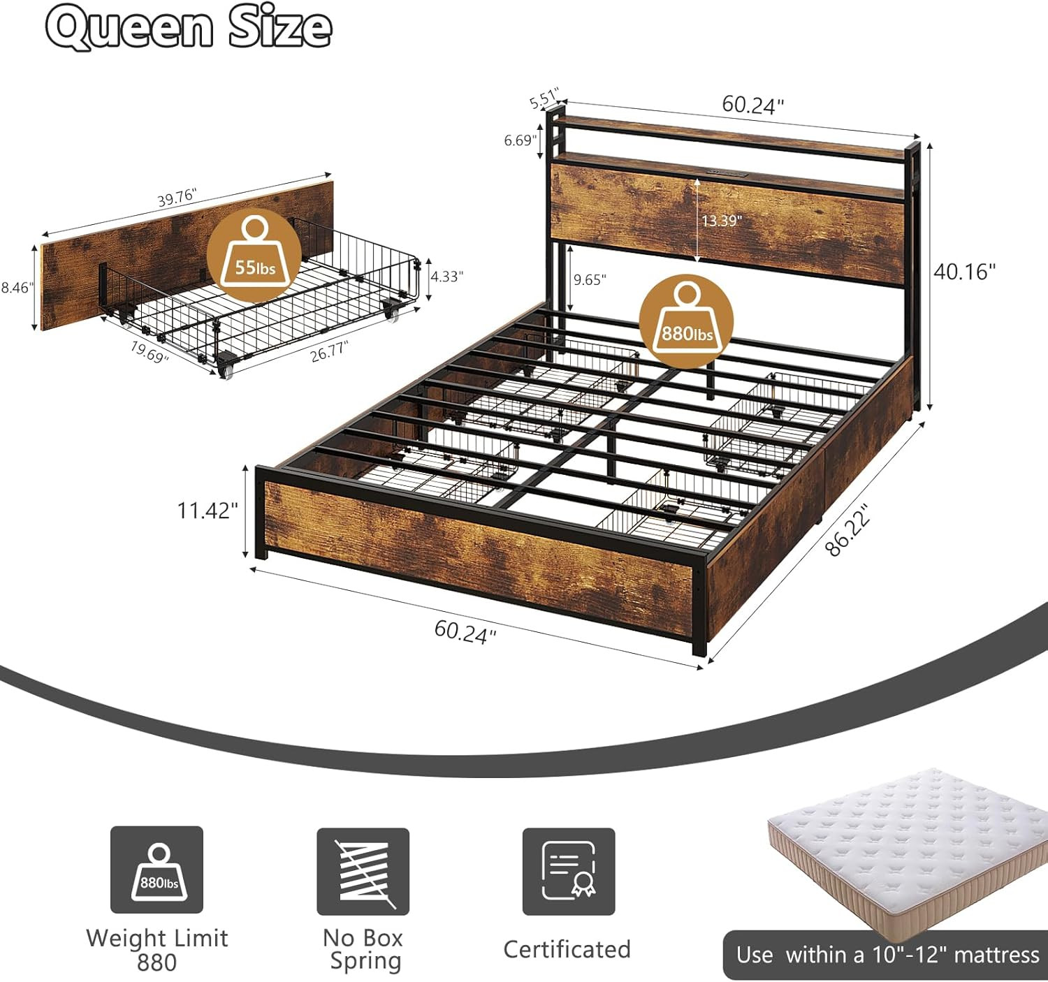Queen Bed Frame with 4 Storage Drawers and Headboard, Metal Platform Panel Bed w