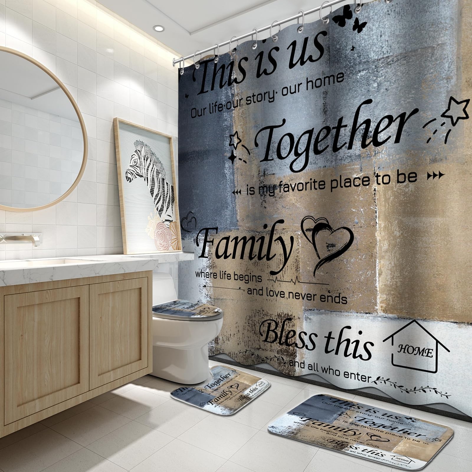 4Pcs Bathroom Shower Curtain Sets with Rugs, Navy Blue and Brown Motivational...