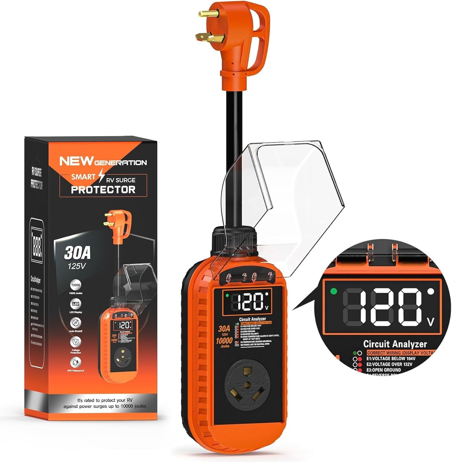 30 Amp RV Surge Protector, 16000J RV Surge Protector 30 Amp, IP67 Waterproof, wi