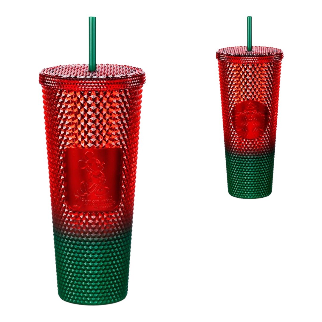 Disneyland Starbucks Studded Green & Red Mickey Christmas Tumbler with Straw NIB
