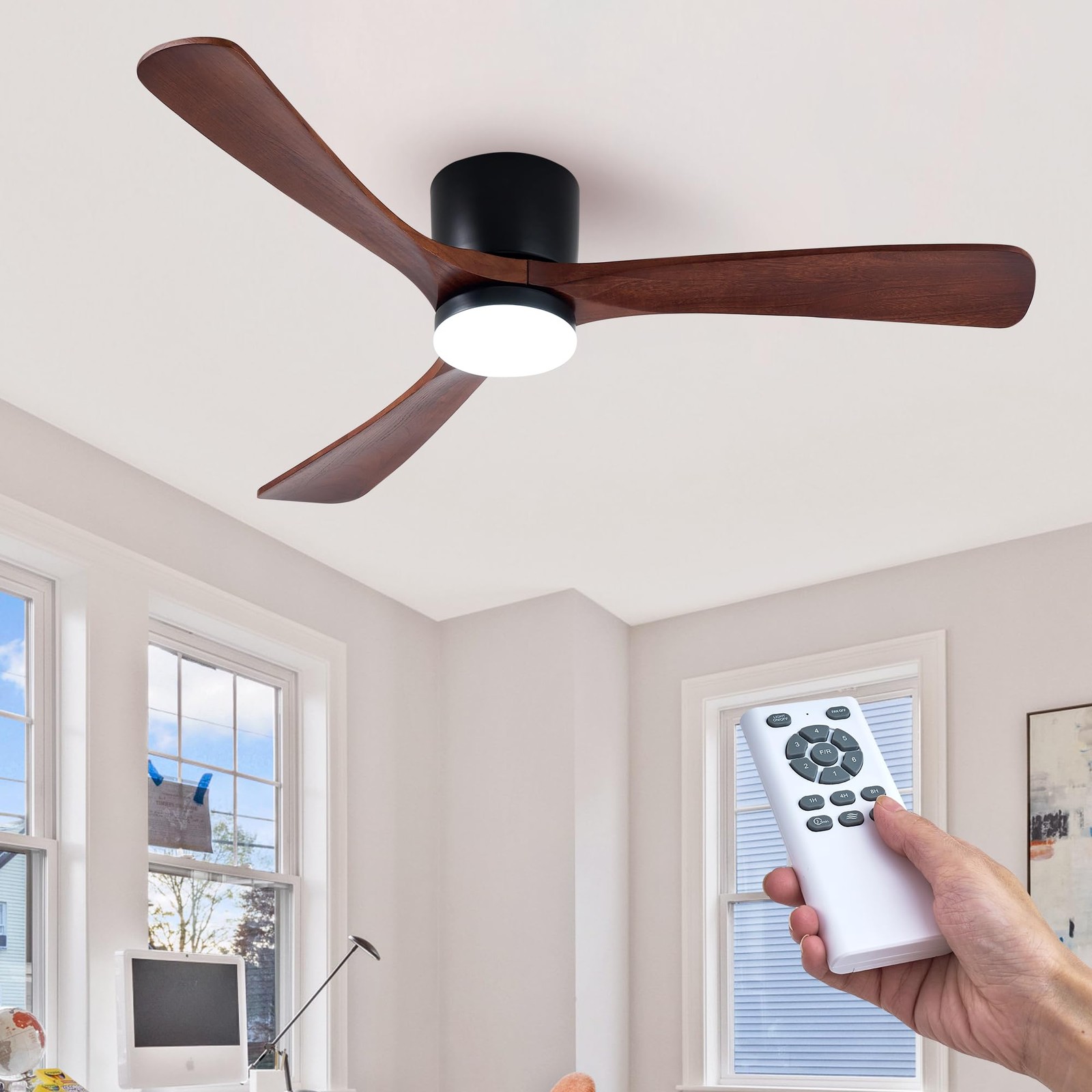 52" Flush Mount Ceiling Fan with Lights Remote Control, 3 Blades Wood Ceiling...