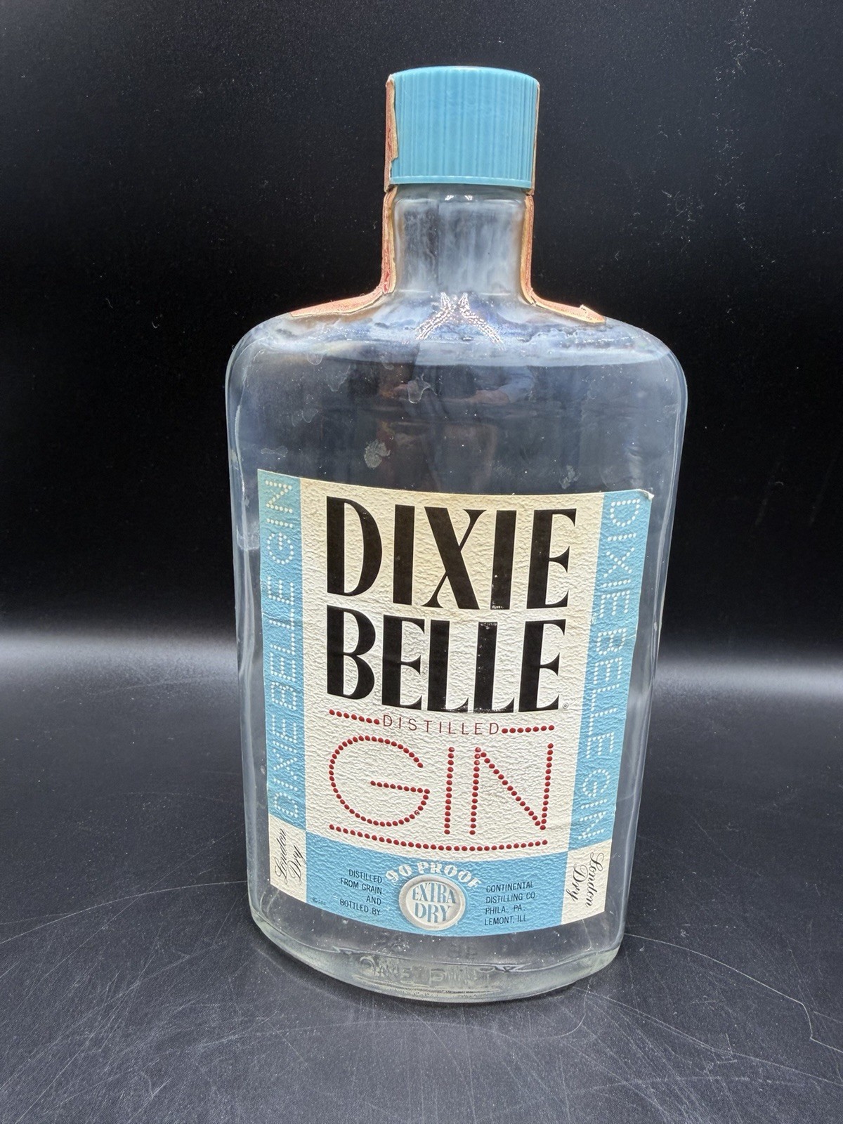 VTG Dixie Belle Gin Flask Bottle W/ Tax Stamp Label Continental Distilling Rare