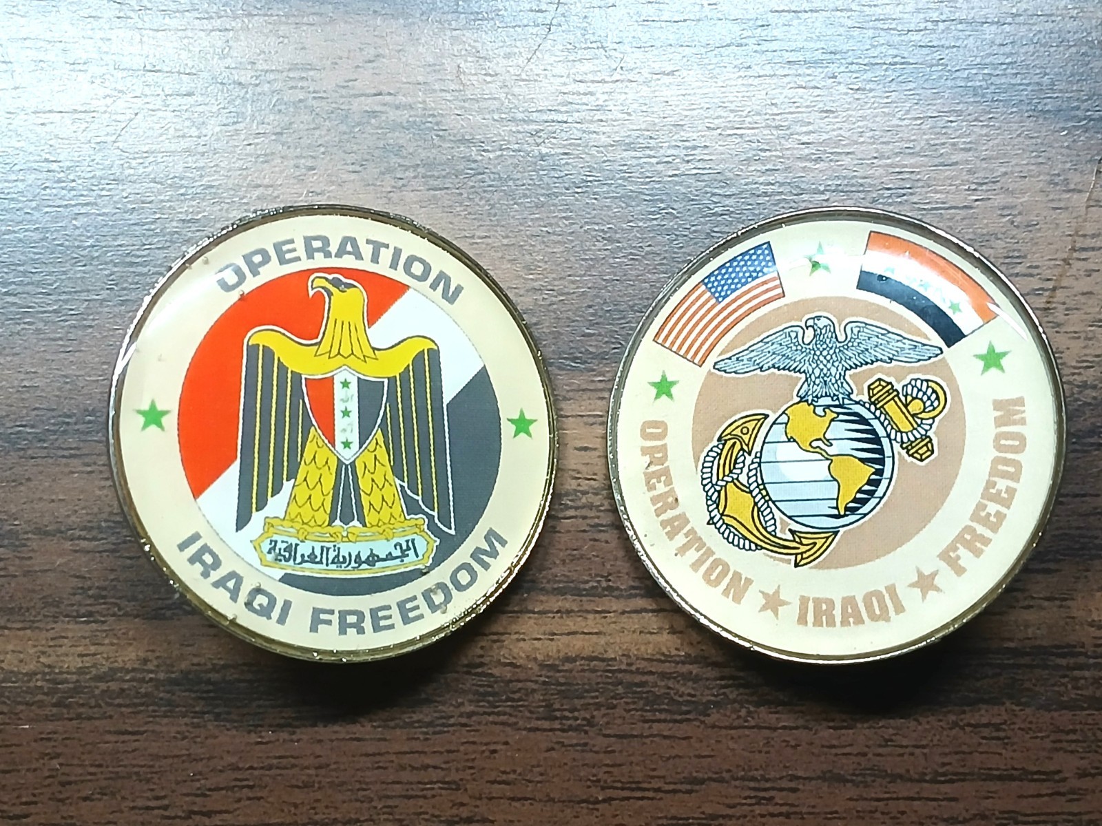 Lot of (2) Operation Iraqi Freedom Buttons. Rare and Unique. New From Iraq
