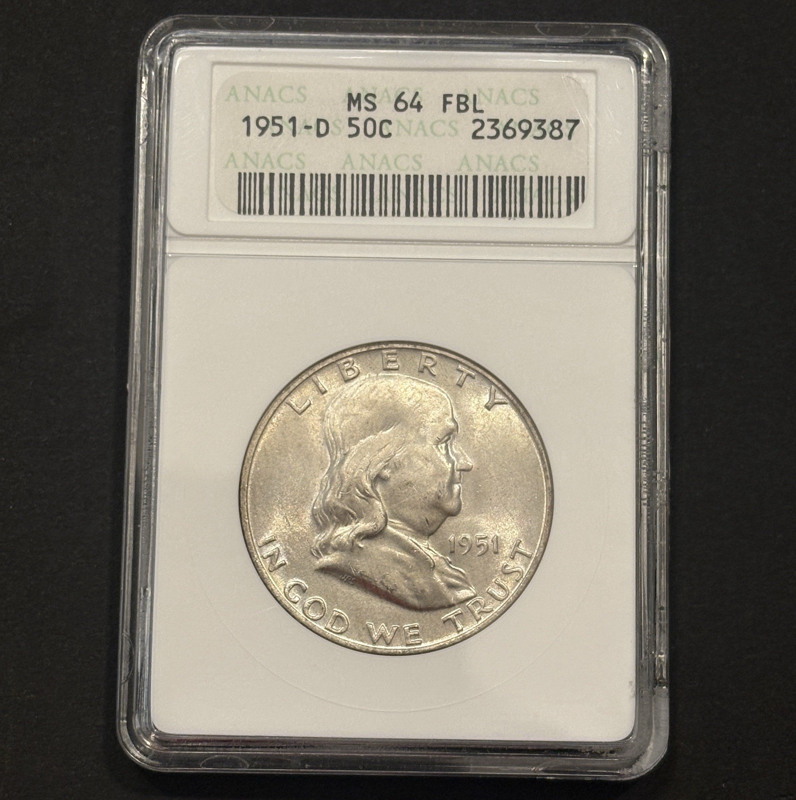 1951-D Franklin Half Dollar — ANACS MS64 FB 🔥 Vintage Soapbox Holder
