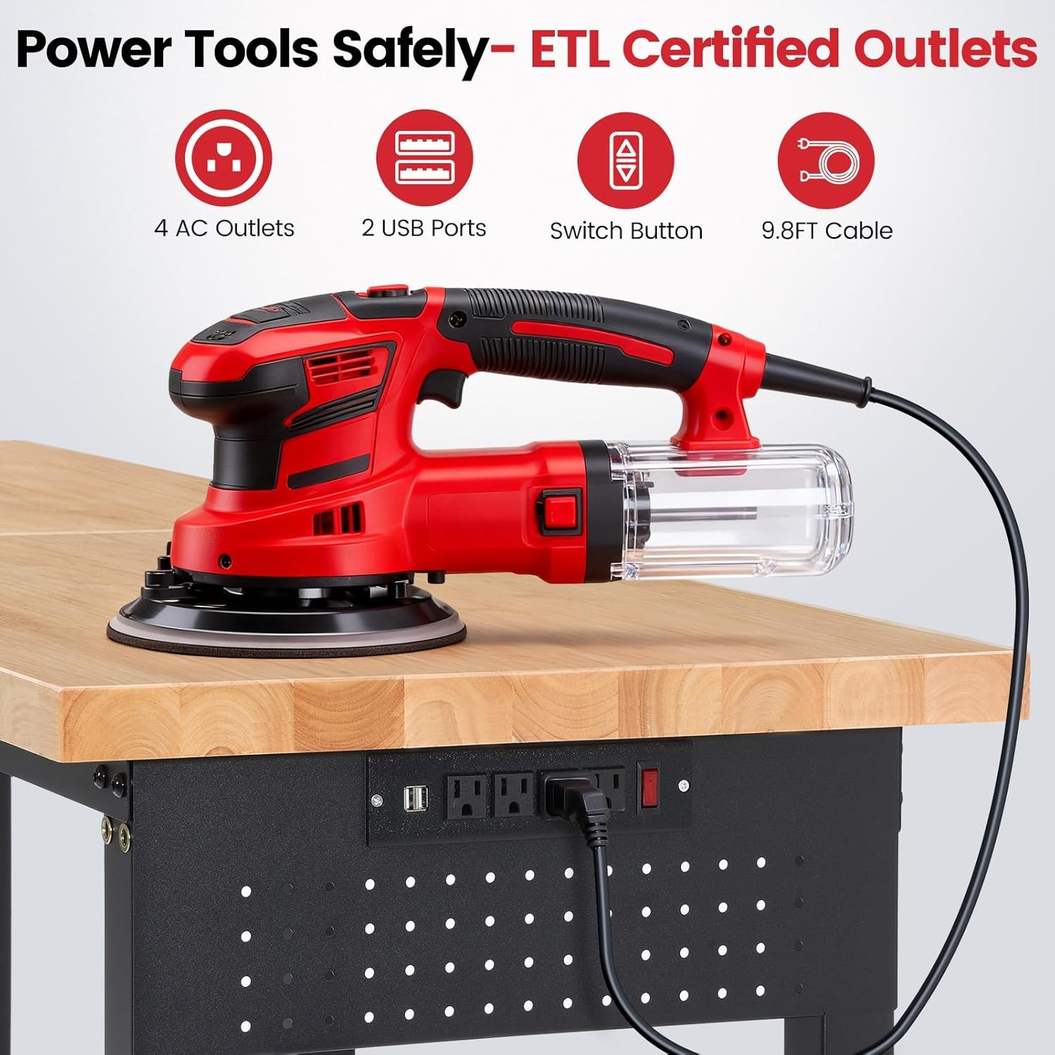 72 x 24 Inch Adjustable Height Work Table with Power Outlets & Extended Pegboard
