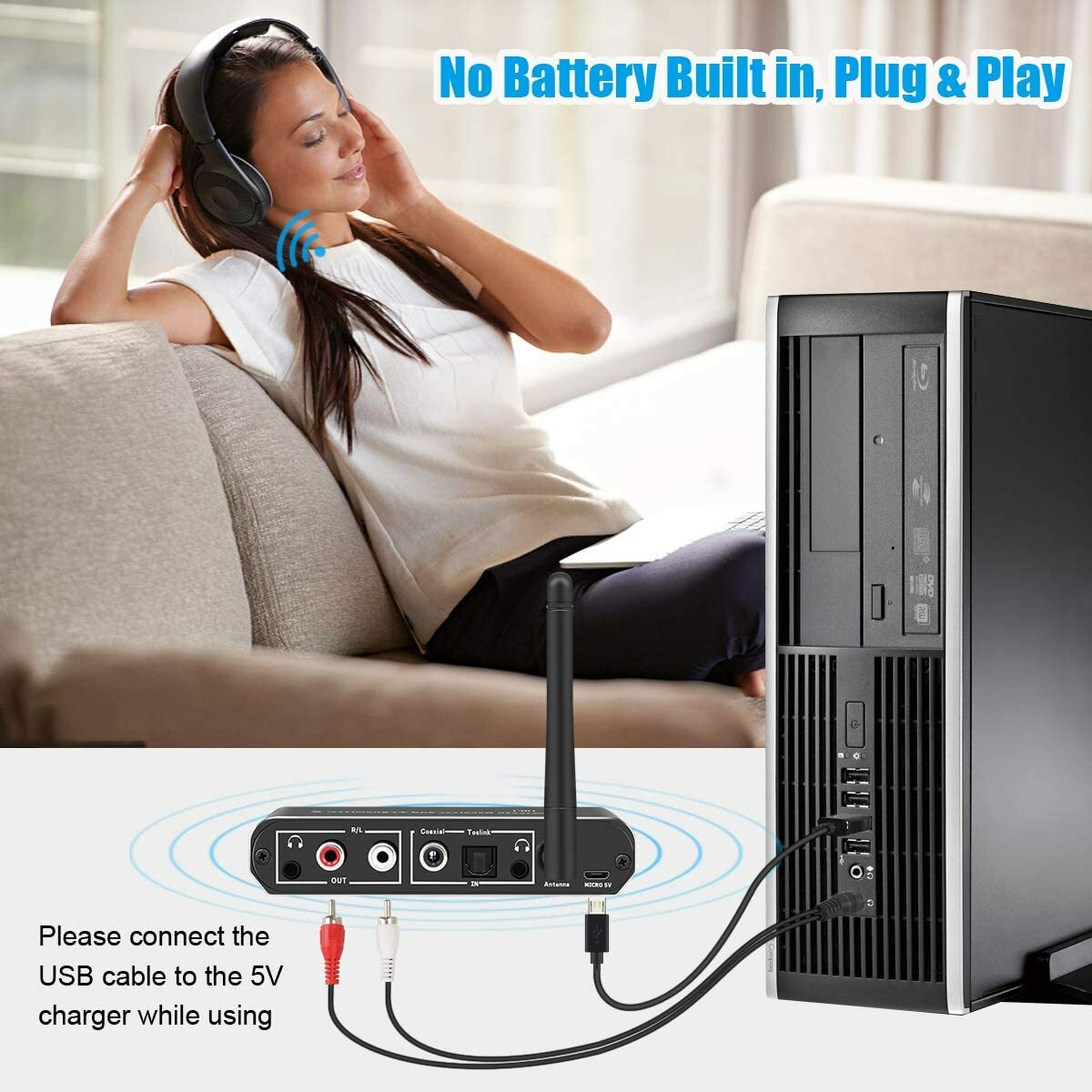 Optical Fiber Wireless BT5.0 HiFi Long Range Audio Transmitter Receiver Adapter