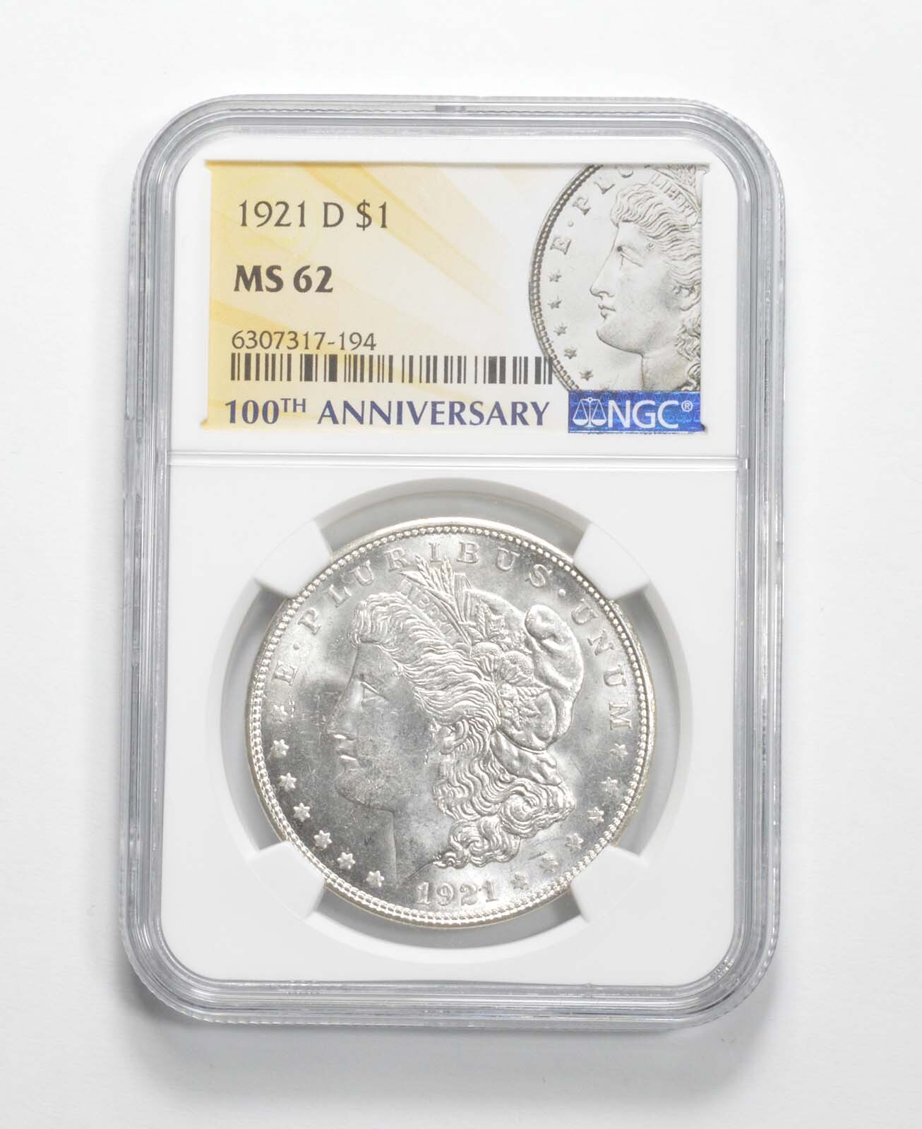 1921-D Morgan Silver Dollar MS62 NGC 100th Anniv 2021 Special Label