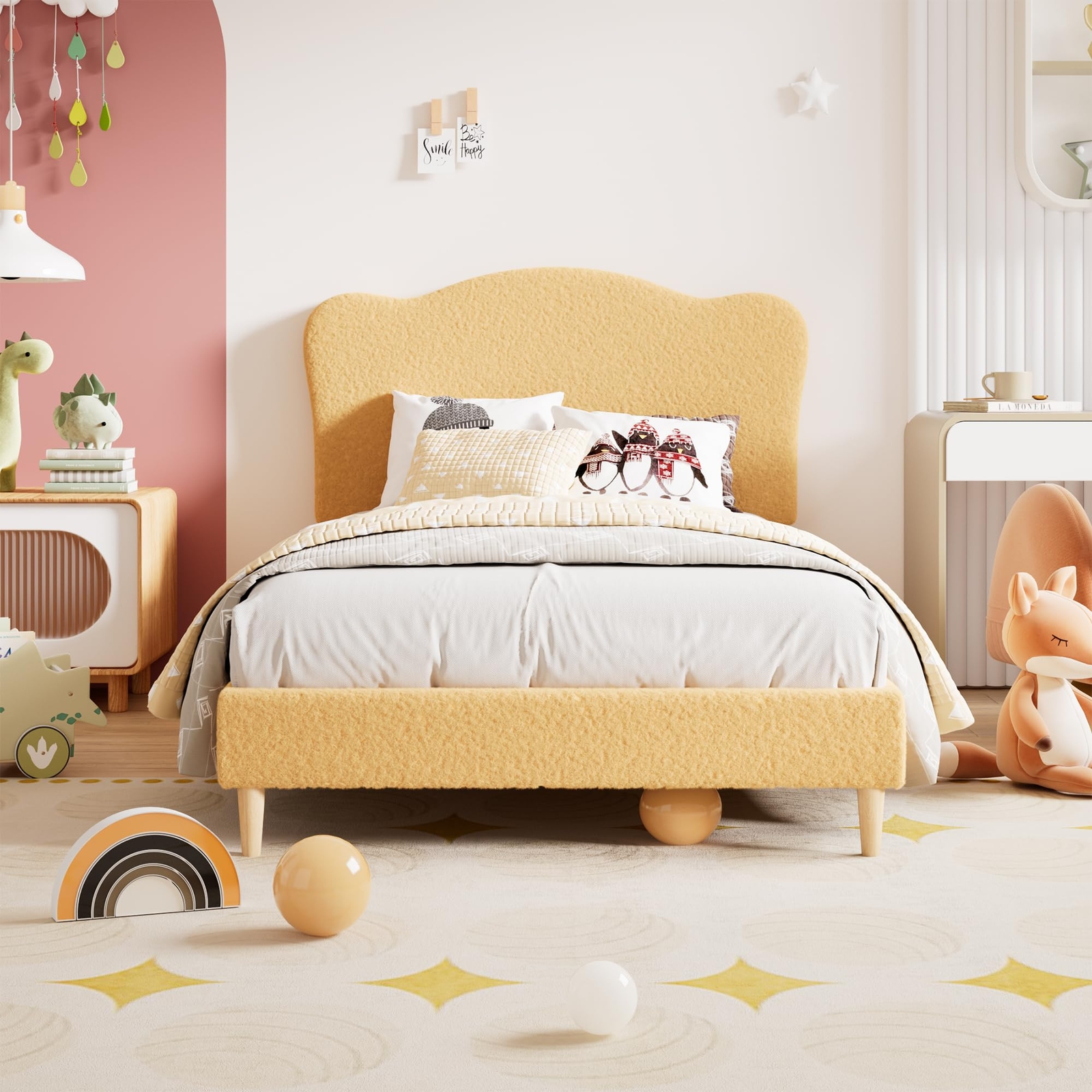 Twin Bed Frame for Kids ,Velvet Upholstered Headboard Bed Frame Sturdy Platform