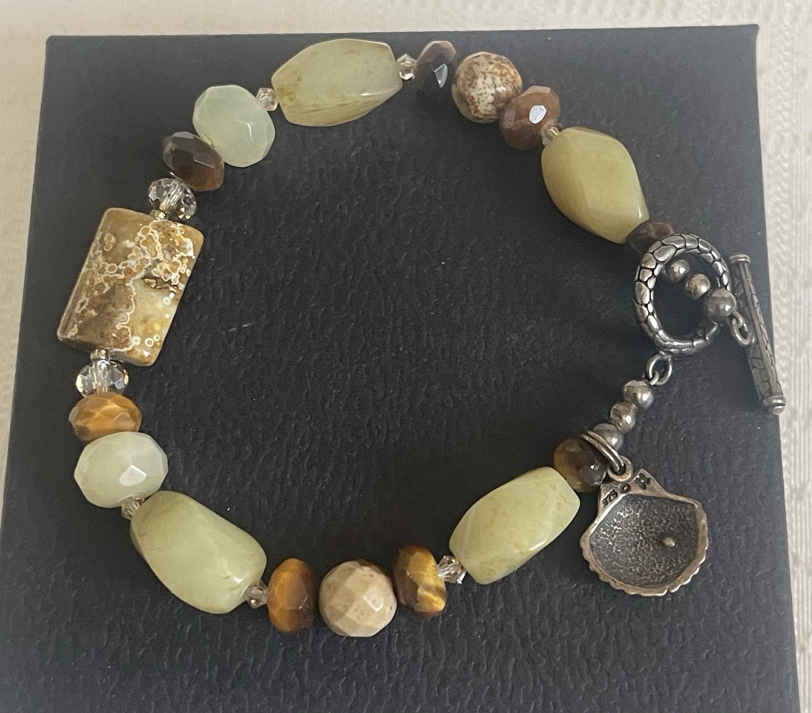 Vintage Sterling Silver Charm Toggle Clasp & Multi Gemstones Glass Bead Bracelet