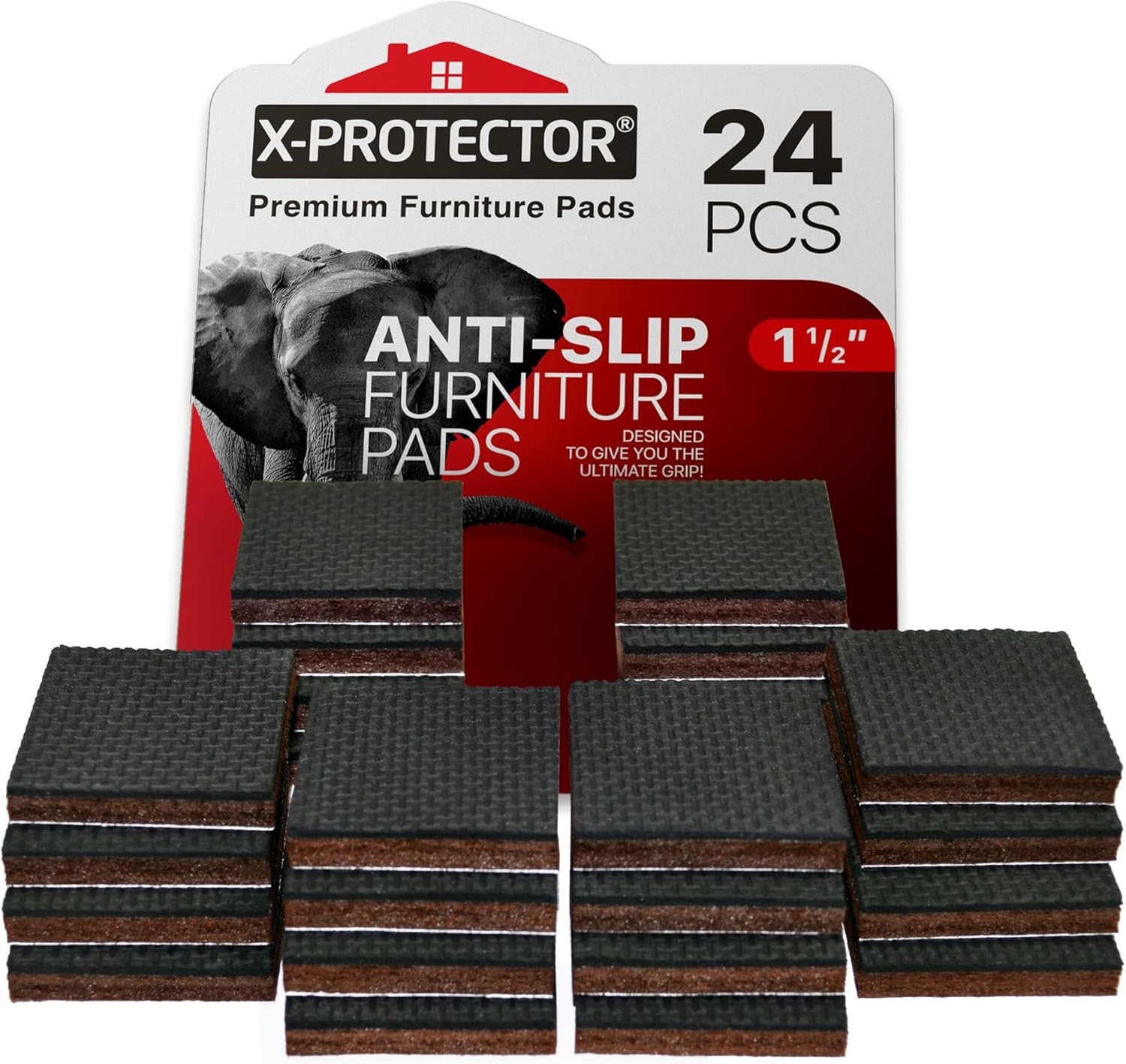 X-PROTECTOR Non Slip Furniture Pads – 24 24 Square 1.5", Black / Brown