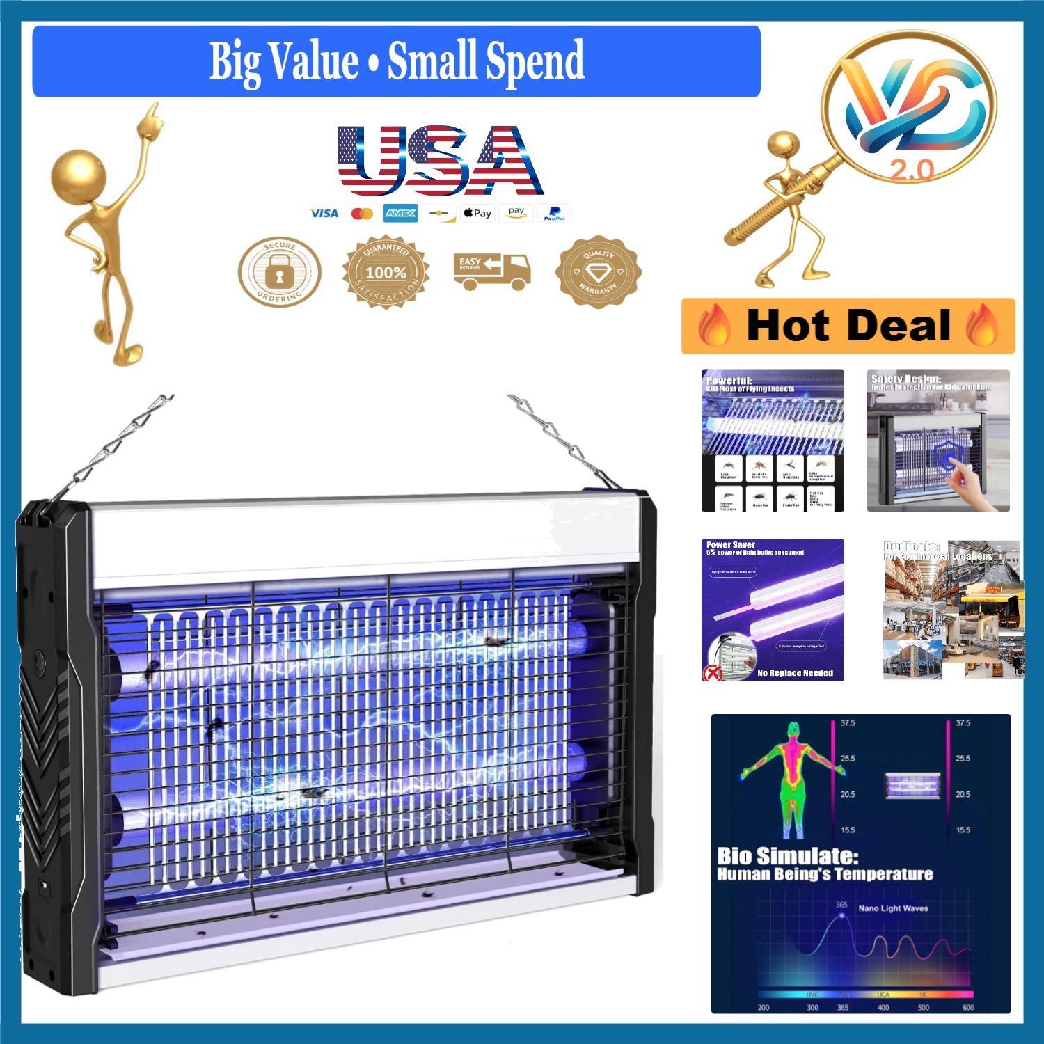 Indoor Bug Zapper Commercial Grade Electric Mosquito Killer LED Lightless