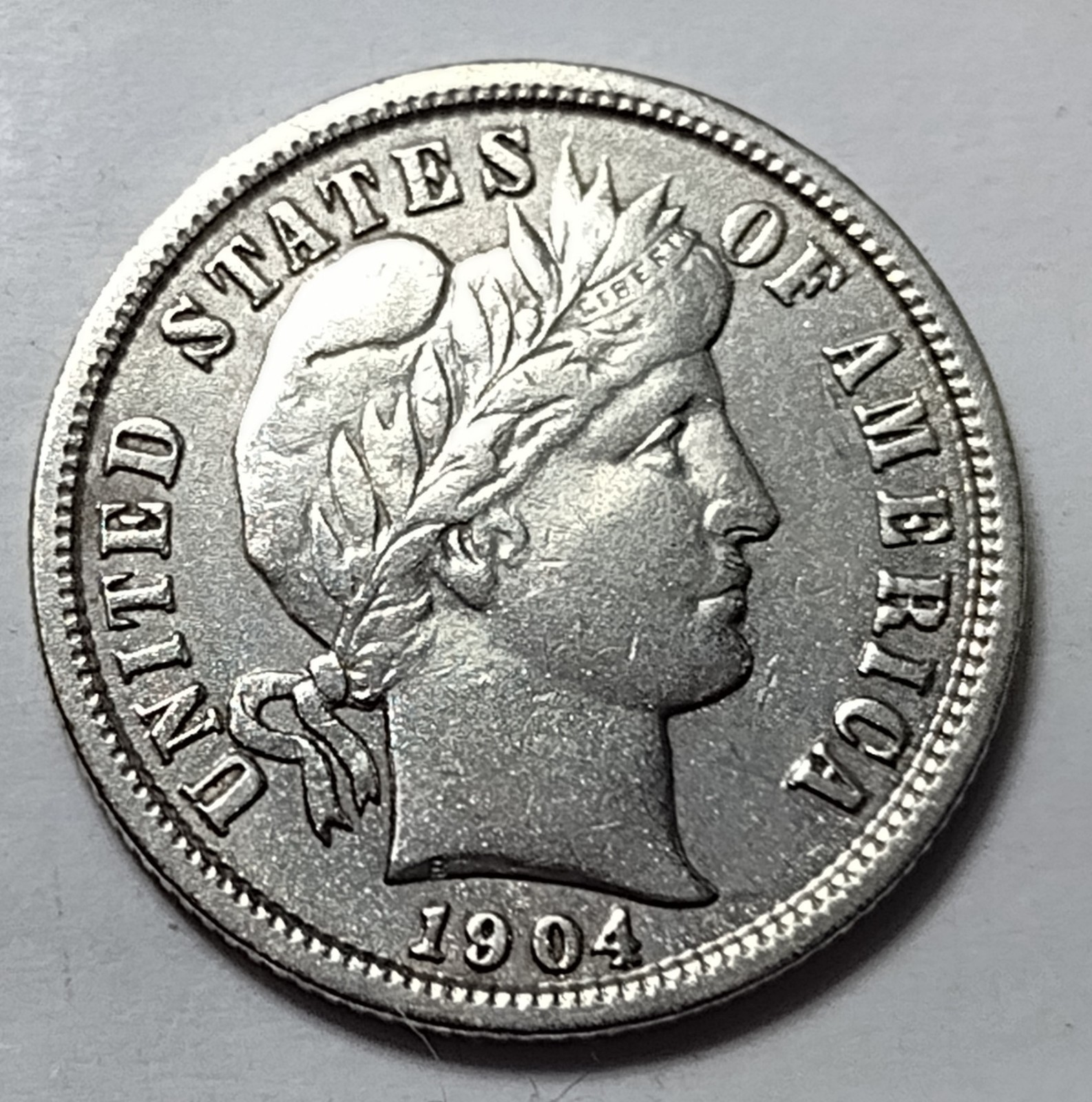 1904 Barber Silver Dime Full Liberty AU Almost Uncirculated Details