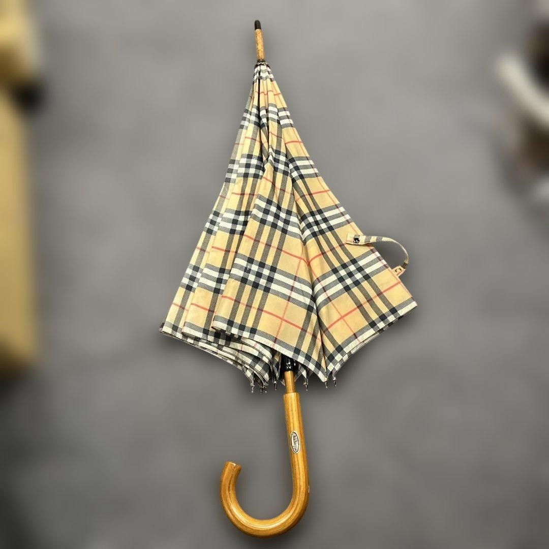 Burberry Nova Check Pattern Long Umbrella Beige Wooden Handle Vintage Japan Used