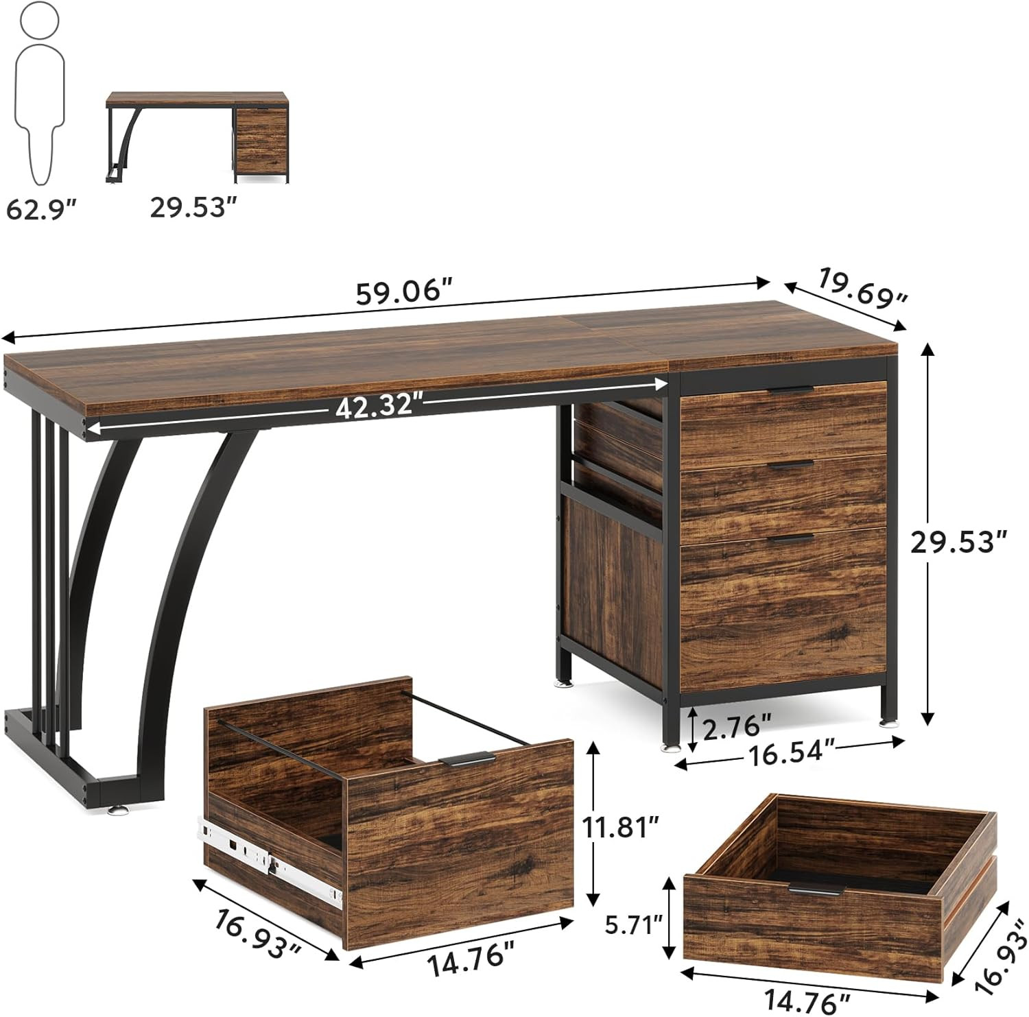 Tribesigns Computer Desk with 3 Drawers, 59-Inch PC Desk with Reversible Drawers