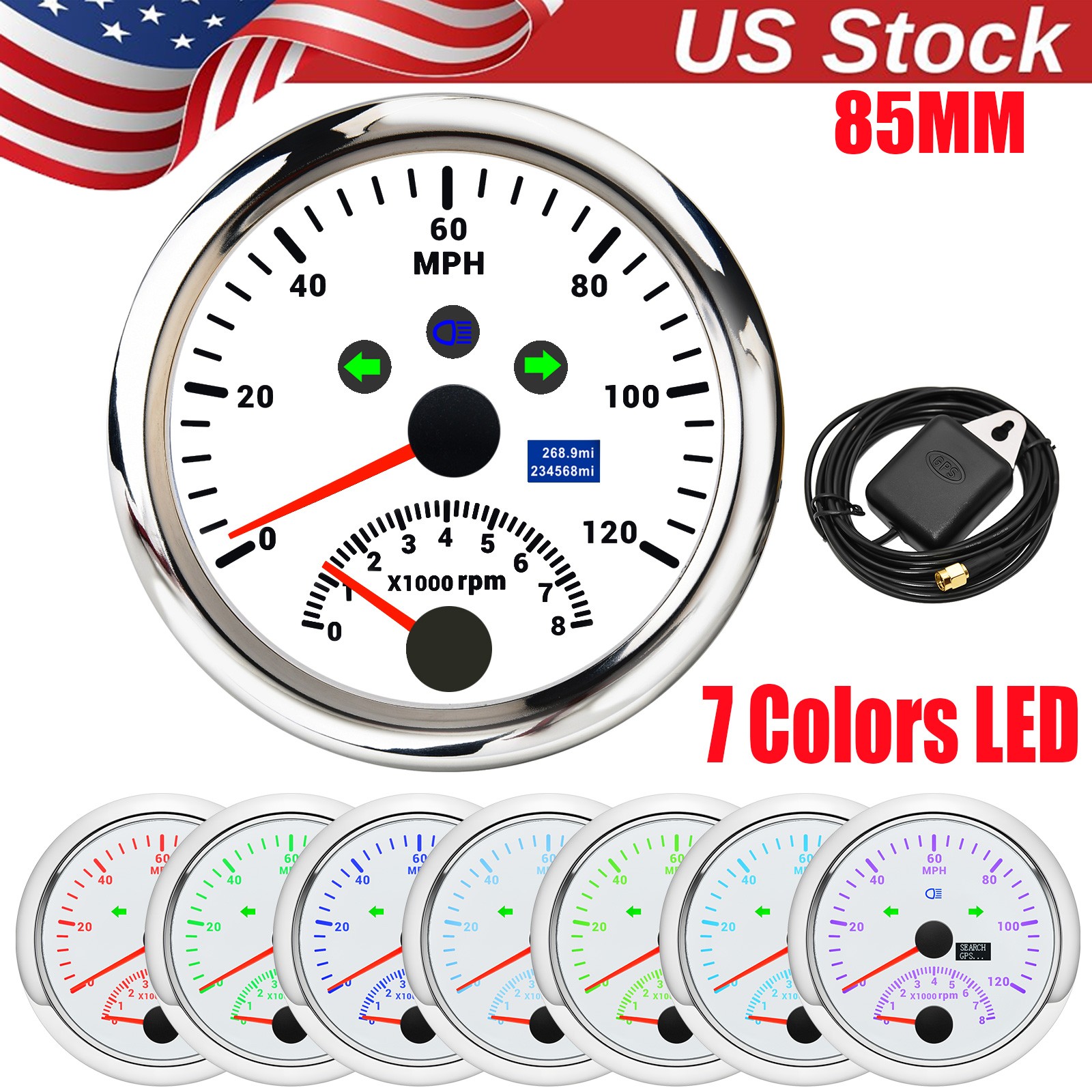 85mm White Boat Car GPS Speedometer 0-120MPH With Tachometer 0-8000RPM Gauge US