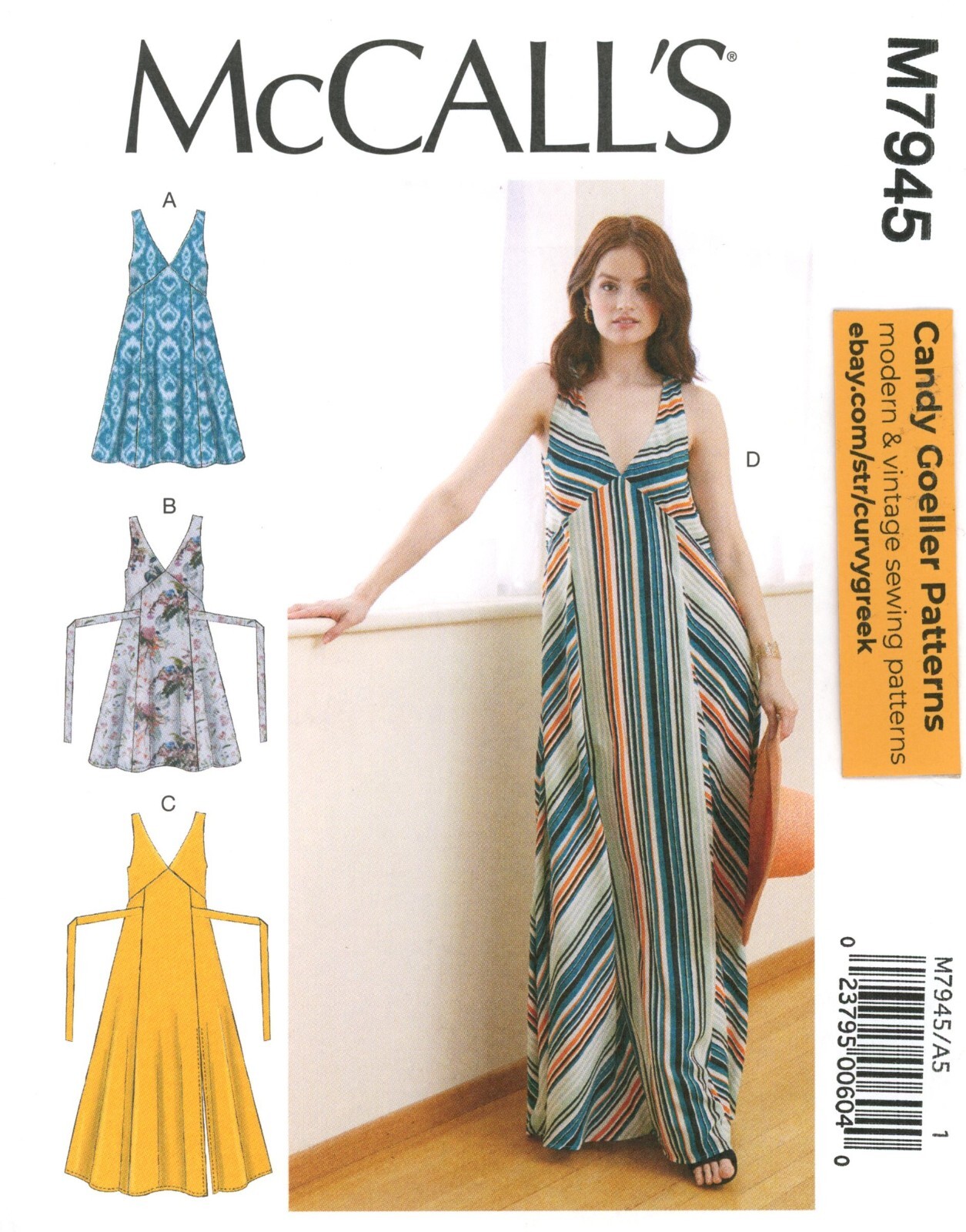 McCall's M7945 Sleeveless Maxi or Midi Dress, Bias Cut w Pockets Sz 6-14 UNCUT