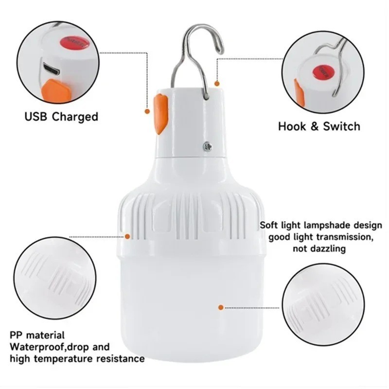 60W USB Rechargeable LED Camping Lantern – Portable Emergency Light with Hook