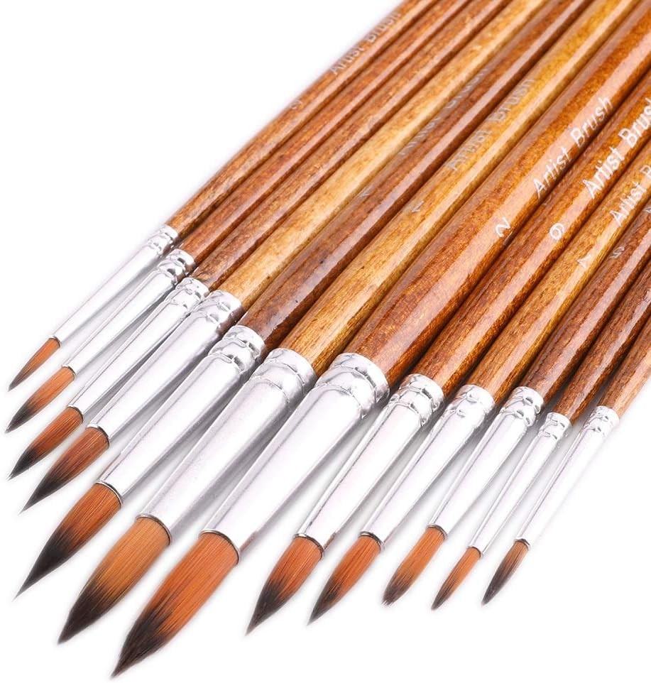 Artist Watercolor Paint Brushes, Round Pointed Tip Brushes 12pcs, Brown