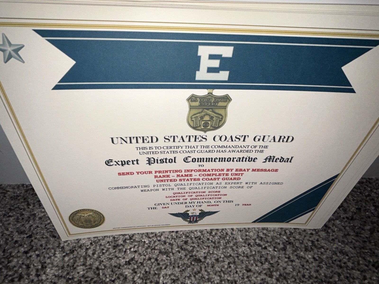 COAST GUARD - EXPERT PISTOL MEDAL COMMEMORATIVE CERTIFICATE ~ W/PRINTING TYPE-1