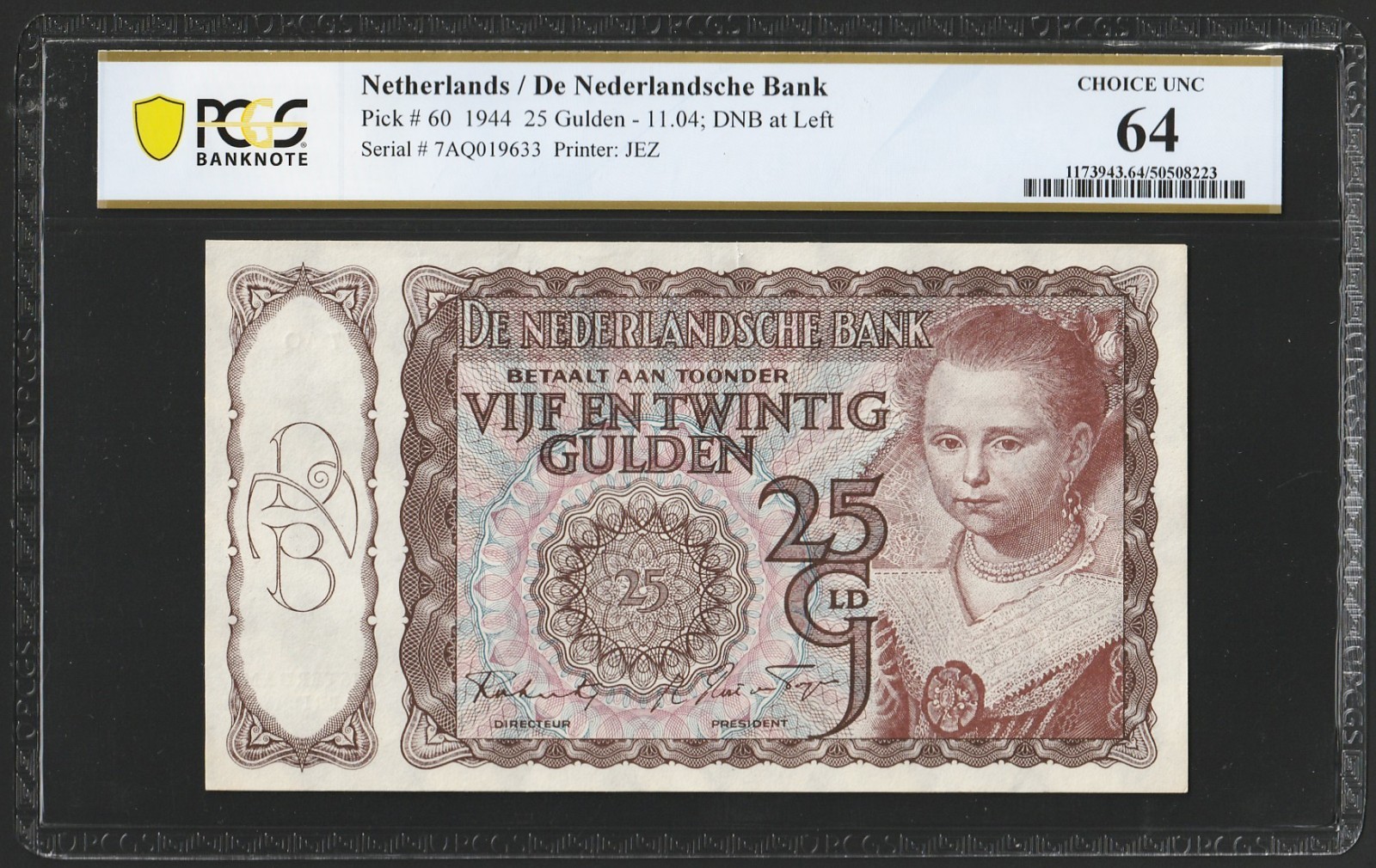 i-200461 Netherlands 25 Gulden 1944. PCGS 64