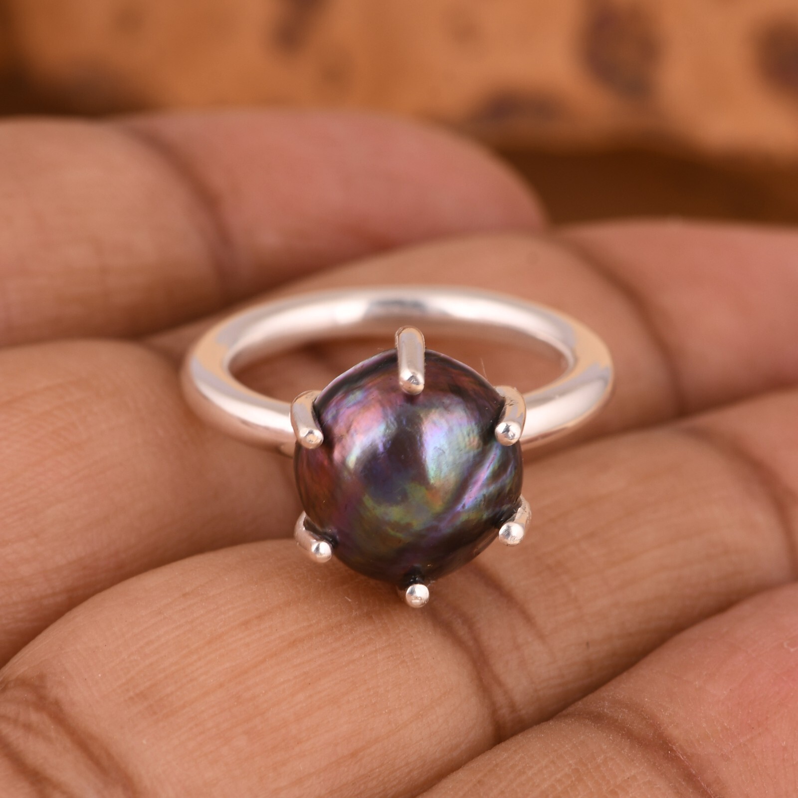 Black Freshwater Pearl Engagement Ring 925 Sterling Silver Stackable Ring