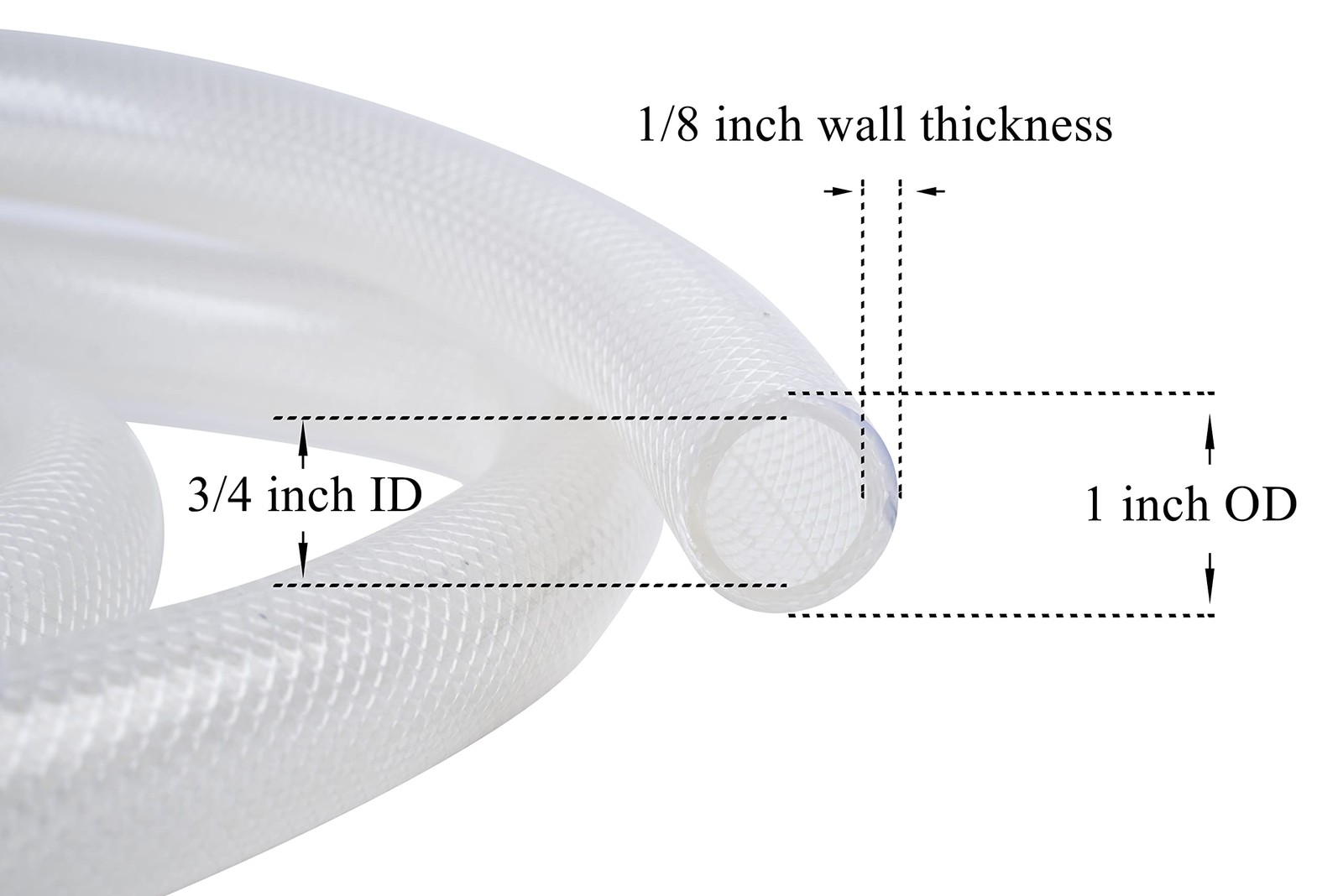 3/4" ID x 1" OD - 10 Ft High Pressure Braided Clear x OD, White