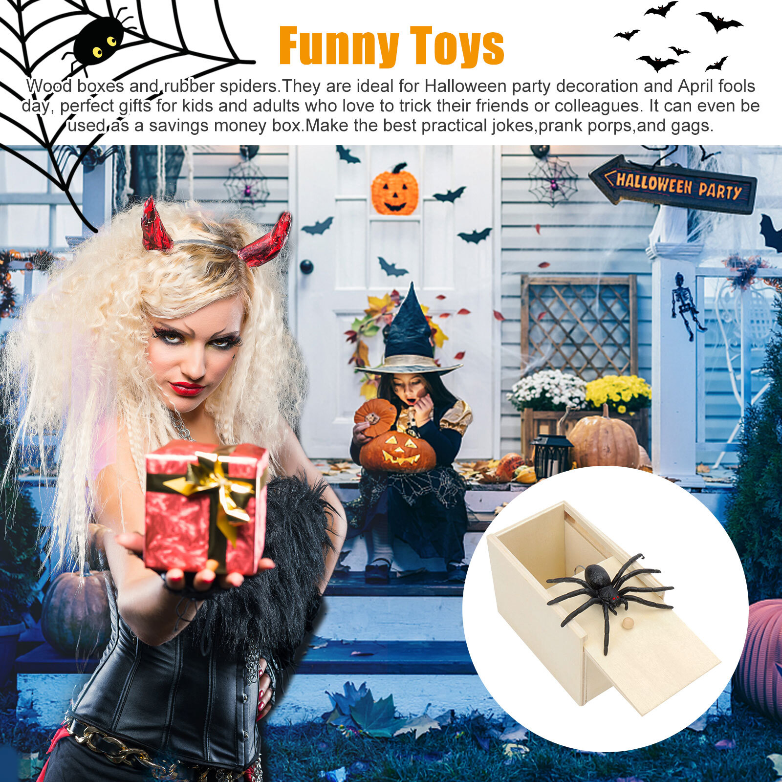 2PCS Wood Prank Spiders Scare Box Hidden in Case Trick Play Joke Scarebox Funny